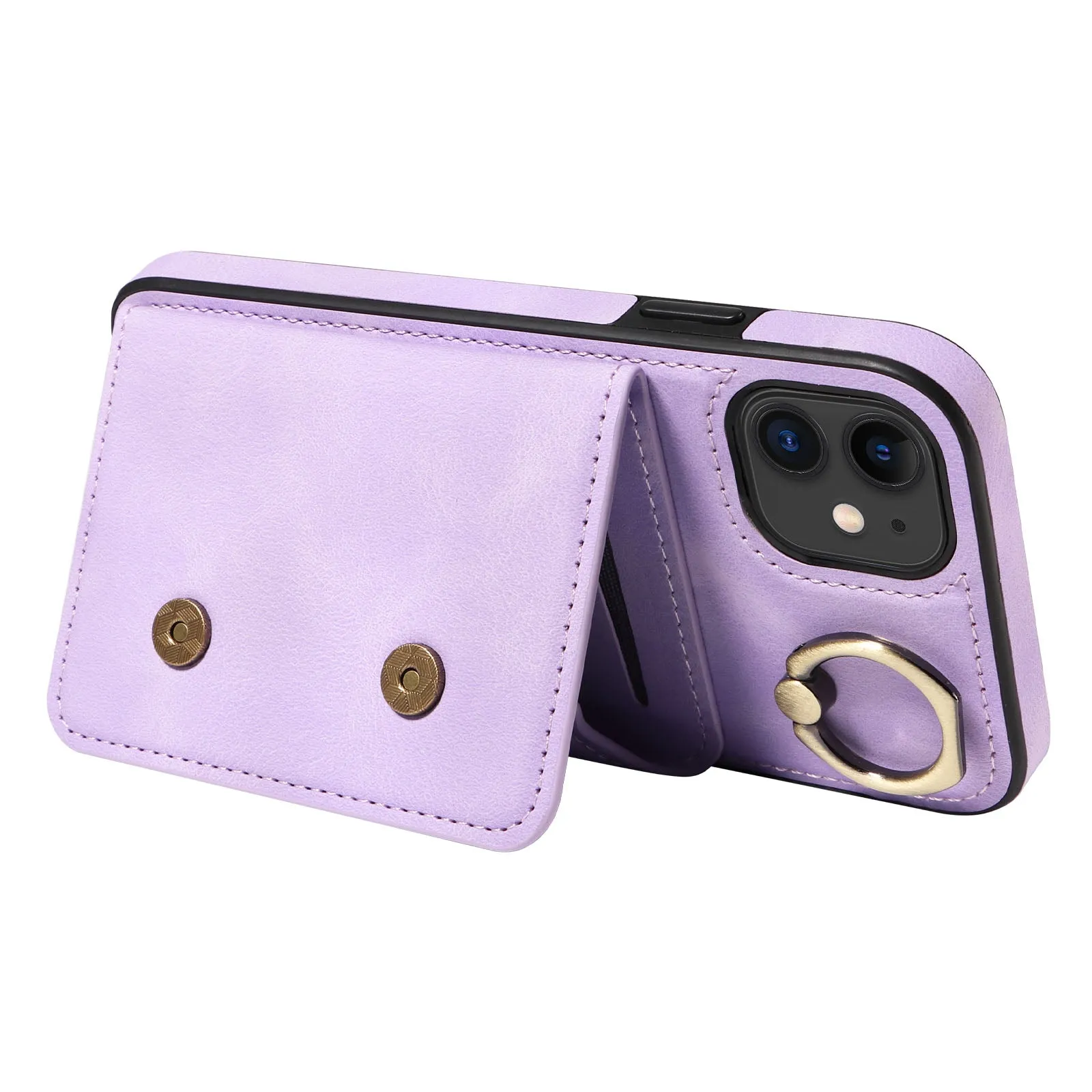 001 For iPhone 11 PU Leather TPU Card Holder Cover Ring Kickstand Shockproof Phone Case