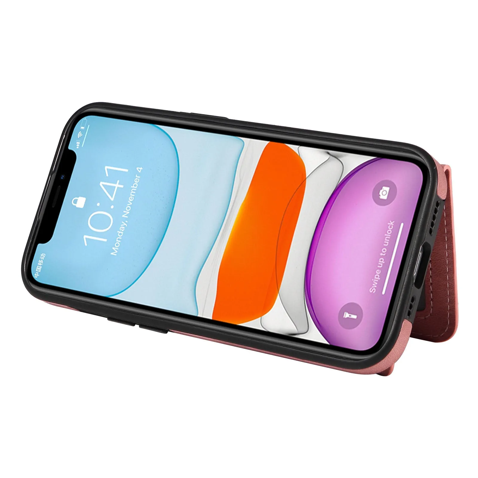 001 For iPhone 11 PU Leather TPU Card Holder Cover Ring Kickstand Shockproof Phone Case