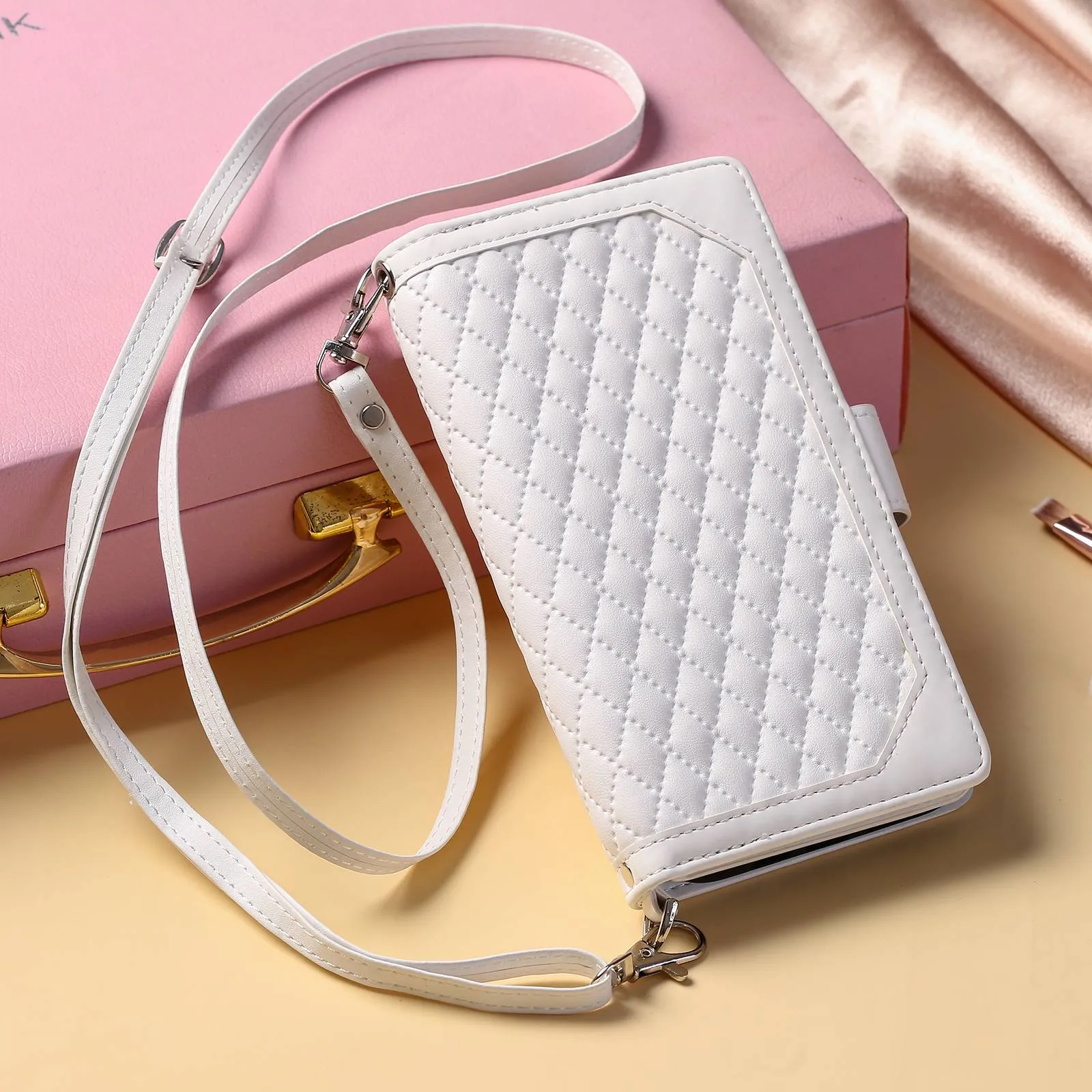 005 Style For Samsung Galaxy A52 4G / 5G / A52s 5G, Rhombus Texture PU Leather Stand Phone Case Zipper Pocket Wallet Style Shell with Strap