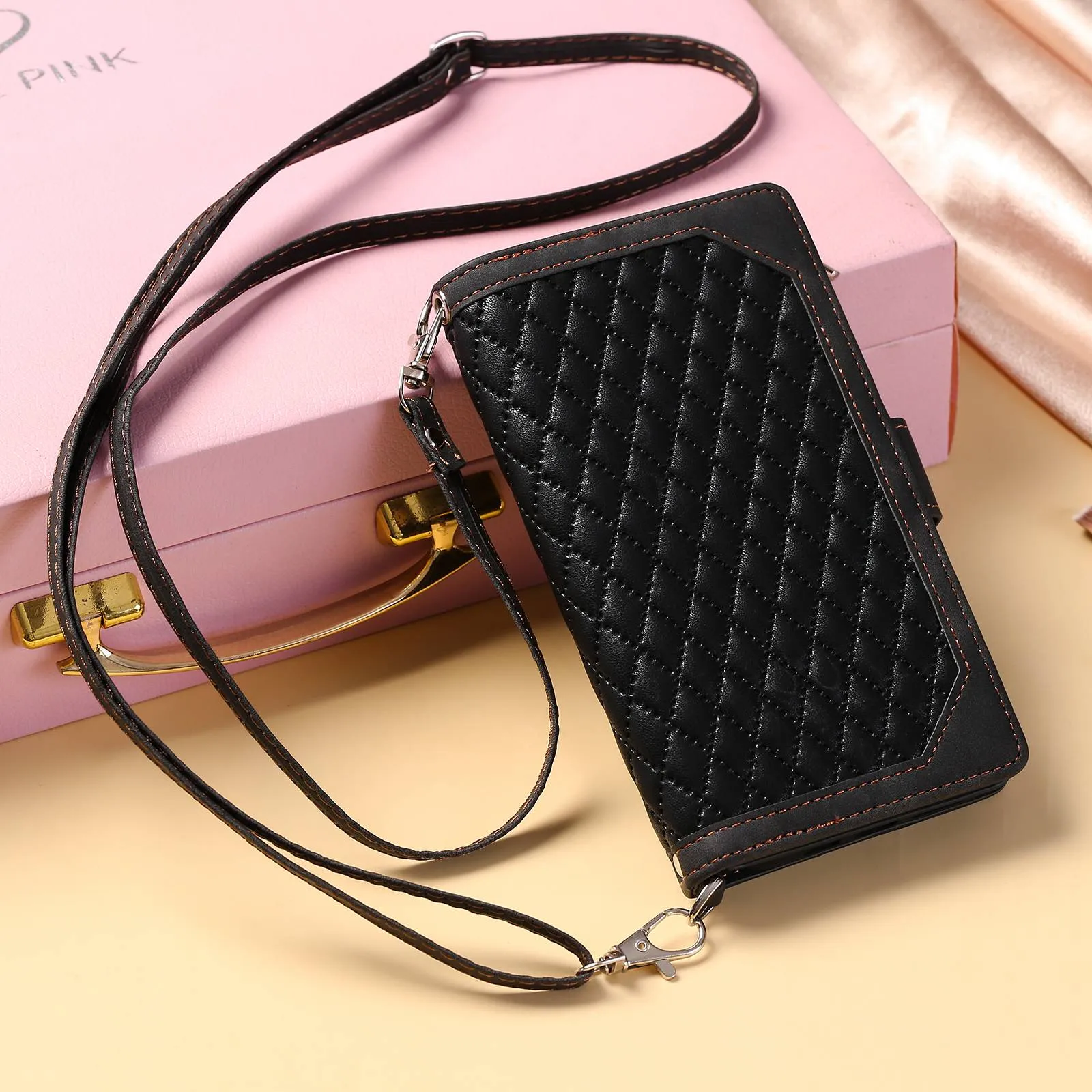 005 Style For Samsung Galaxy A52 4G / 5G / A52s 5G, Rhombus Texture PU Leather Stand Phone Case Zipper Pocket Wallet Style Shell with Strap