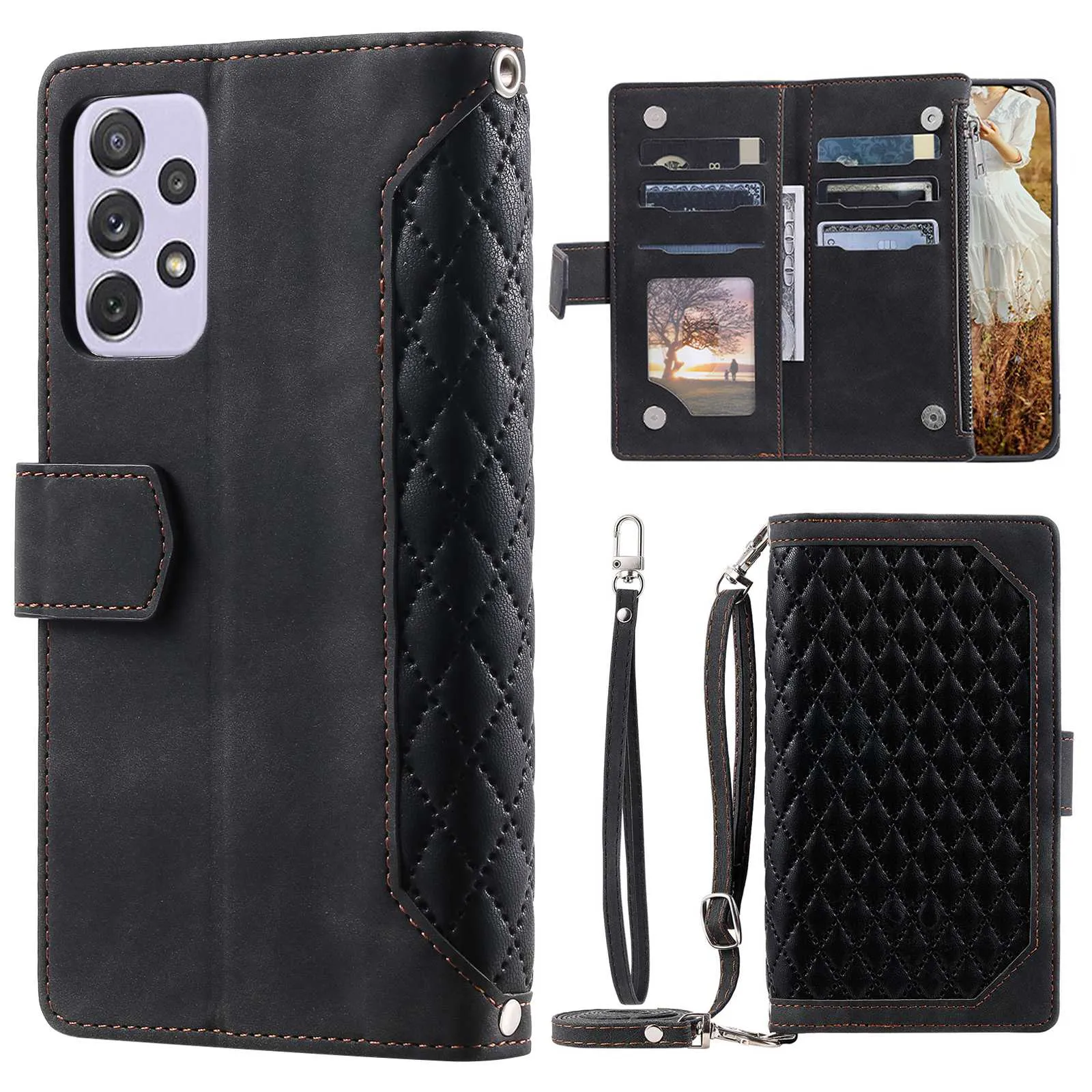 005 Style For Samsung Galaxy A52 4G / 5G / A52s 5G, Rhombus Texture PU Leather Stand Phone Case Zipper Pocket Wallet Style Shell with Strap