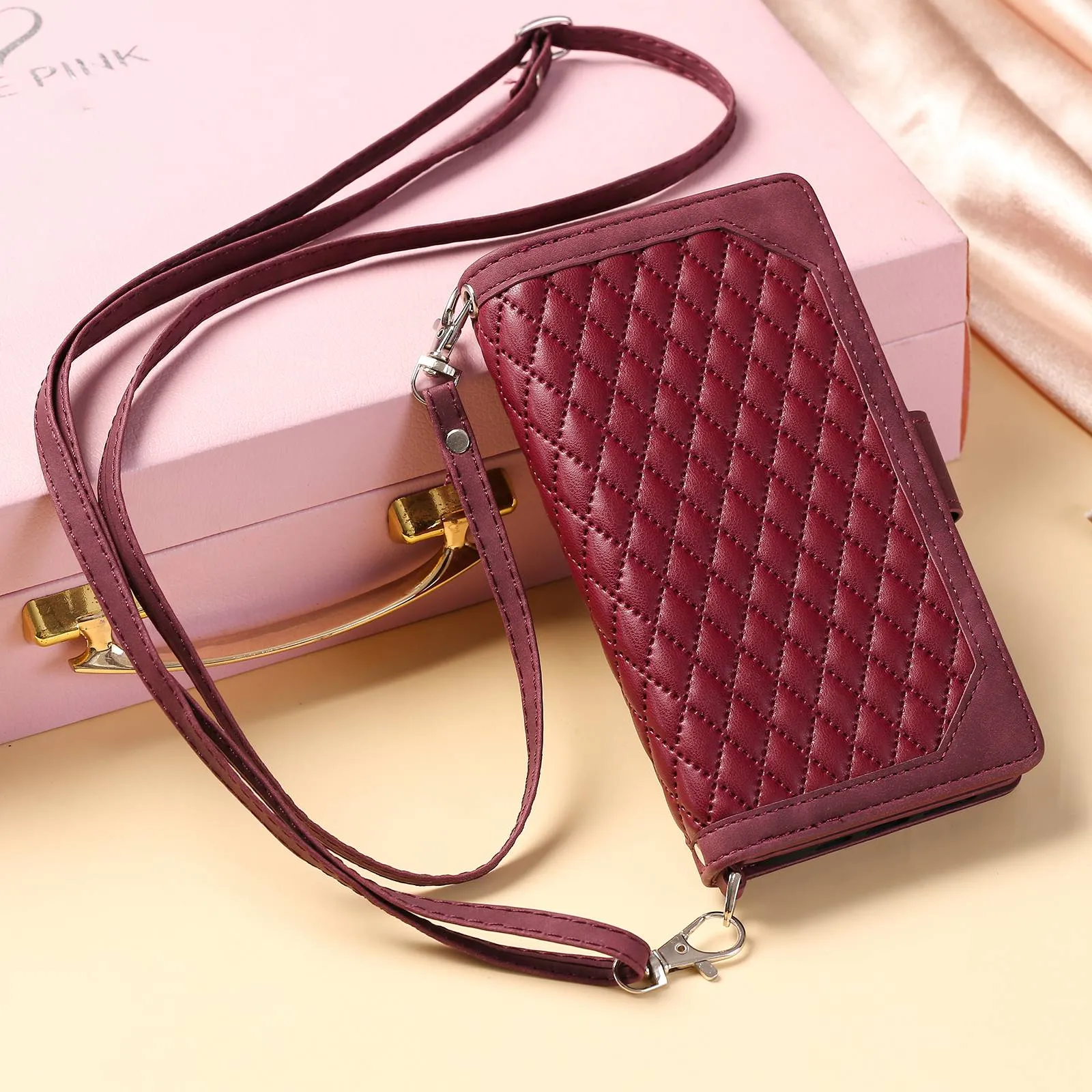 005 Style For Samsung Galaxy A52 4G / 5G / A52s 5G, Rhombus Texture PU Leather Stand Phone Case Zipper Pocket Wallet Style Shell with Strap