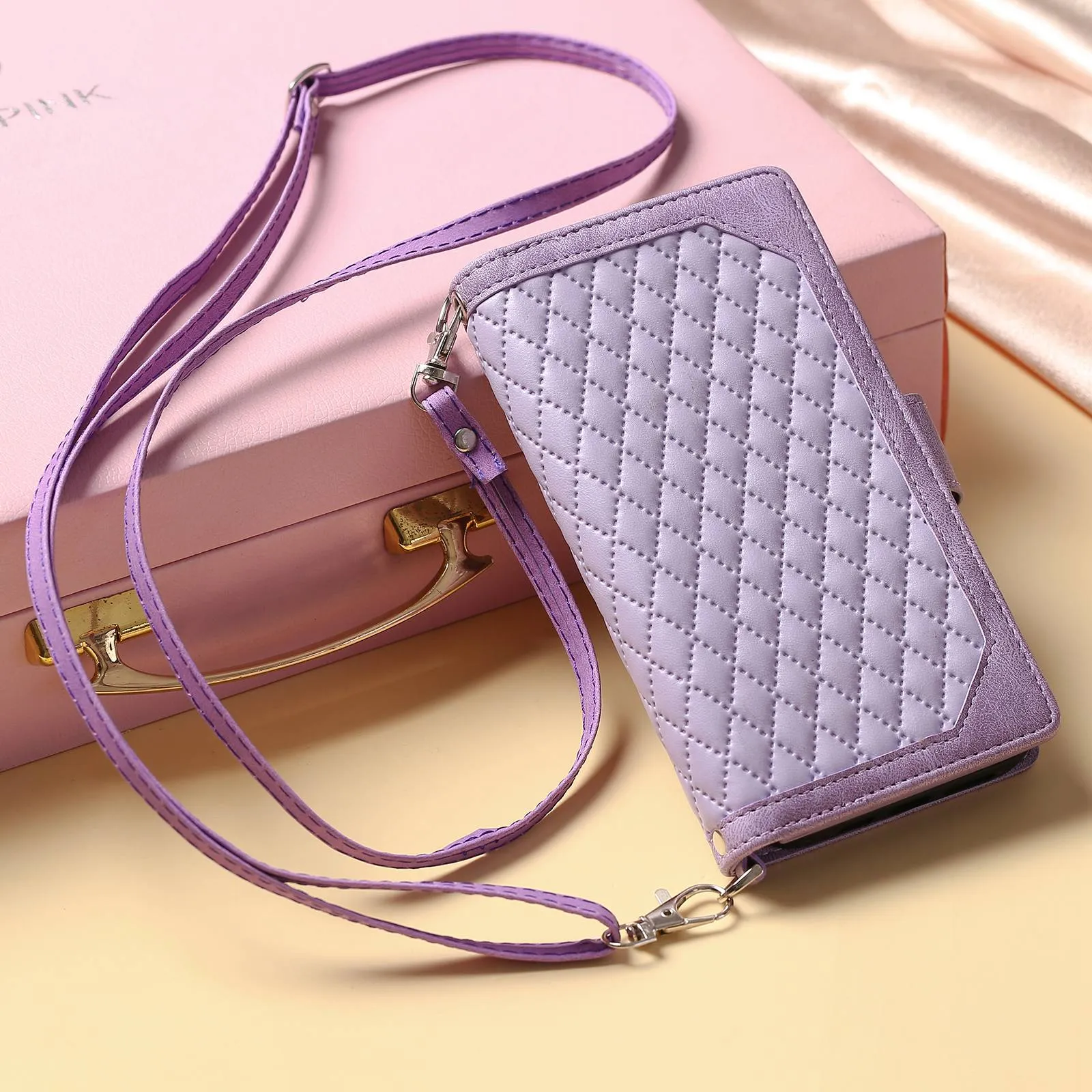 005 Style For Samsung Galaxy A52 4G / 5G / A52s 5G, Rhombus Texture PU Leather Stand Phone Case Zipper Pocket Wallet Style Shell with Strap