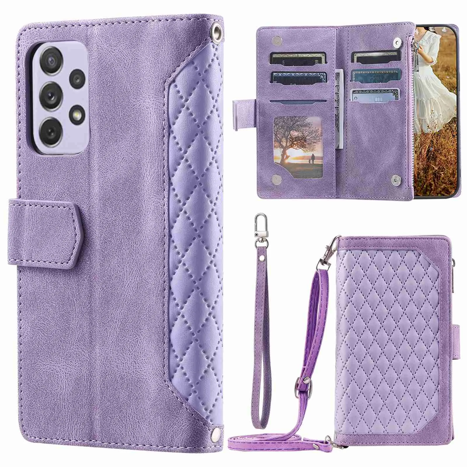 005 Style For Samsung Galaxy A52 4G / 5G / A52s 5G, Rhombus Texture PU Leather Stand Phone Case Zipper Pocket Wallet Style Shell with Strap