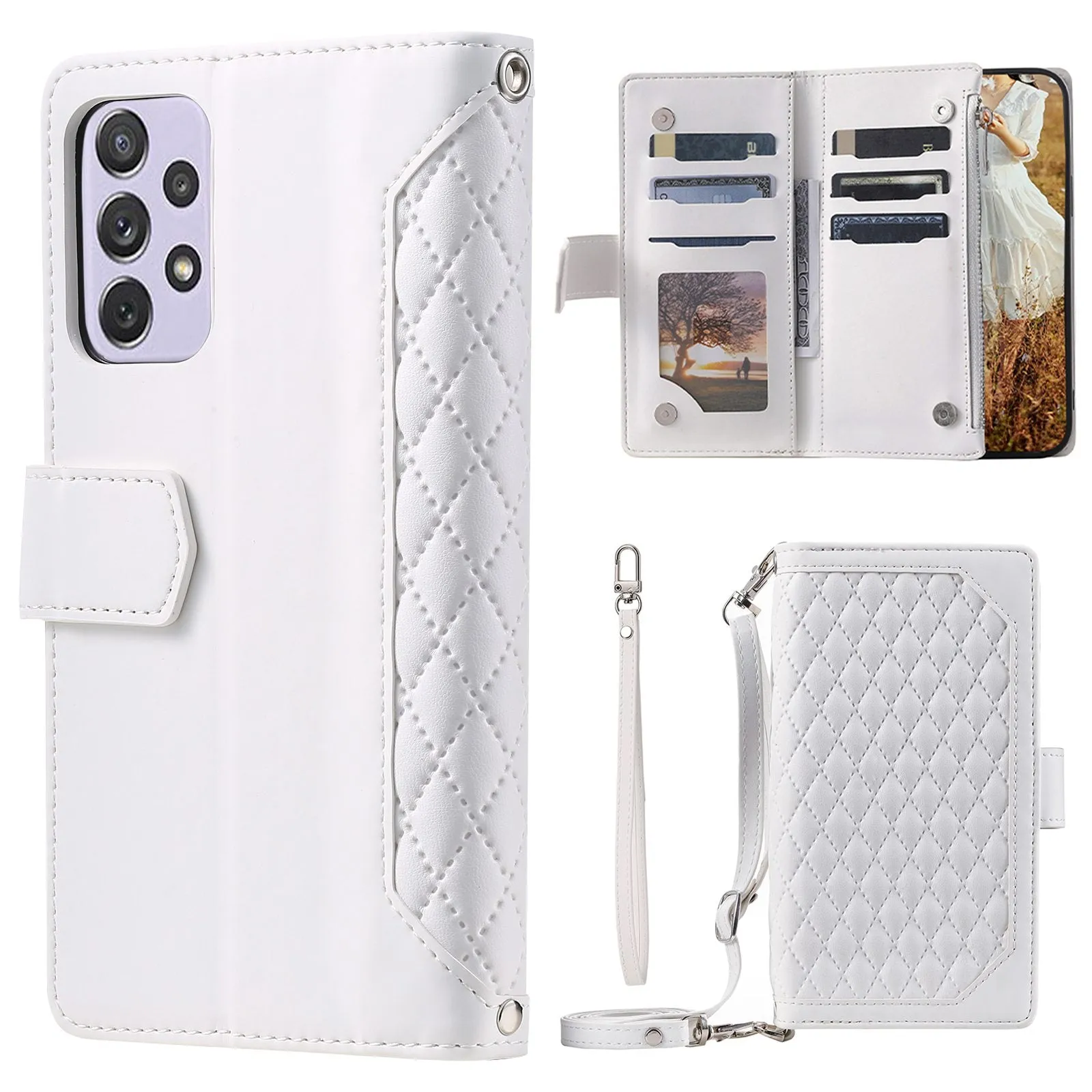 005 Style For Samsung Galaxy A52 4G / 5G / A52s 5G, Rhombus Texture PU Leather Stand Phone Case Zipper Pocket Wallet Style Shell with Strap