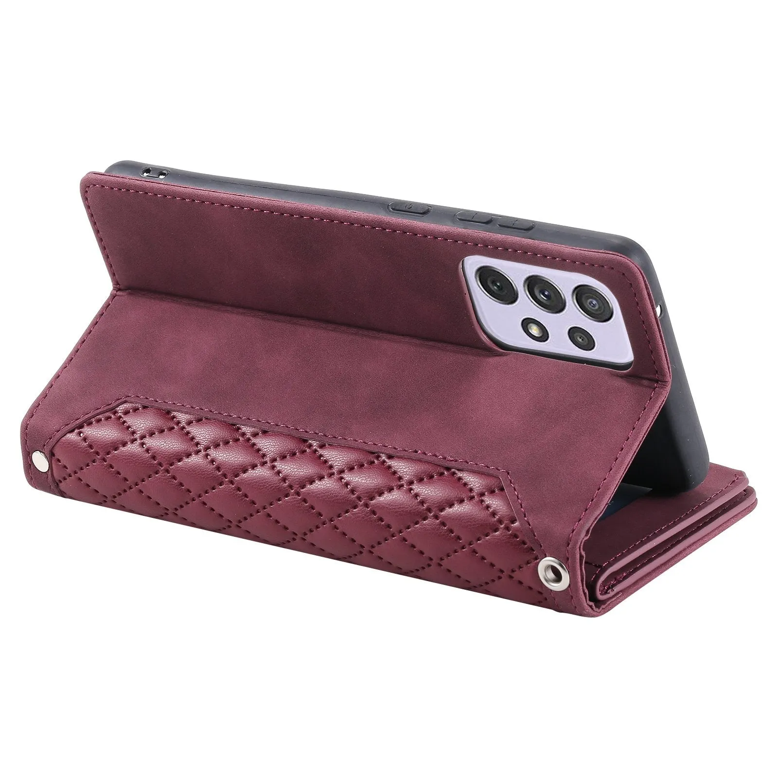 005 Style For Samsung Galaxy A52 4G / 5G / A52s 5G, Rhombus Texture PU Leather Stand Phone Case Zipper Pocket Wallet Style Shell with Strap