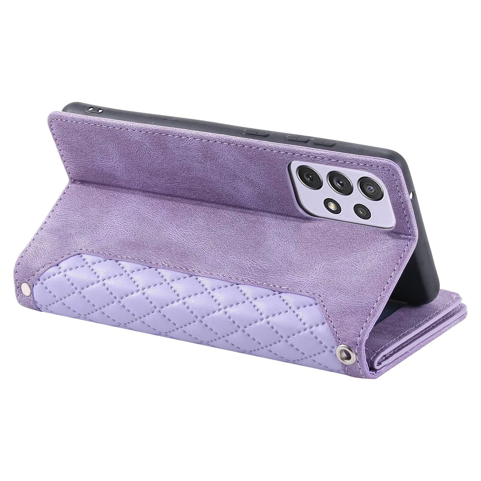 005 Style For Samsung Galaxy A52 4G / 5G / A52s 5G, Rhombus Texture PU Leather Stand Phone Case Zipper Pocket Wallet Style Shell with Strap