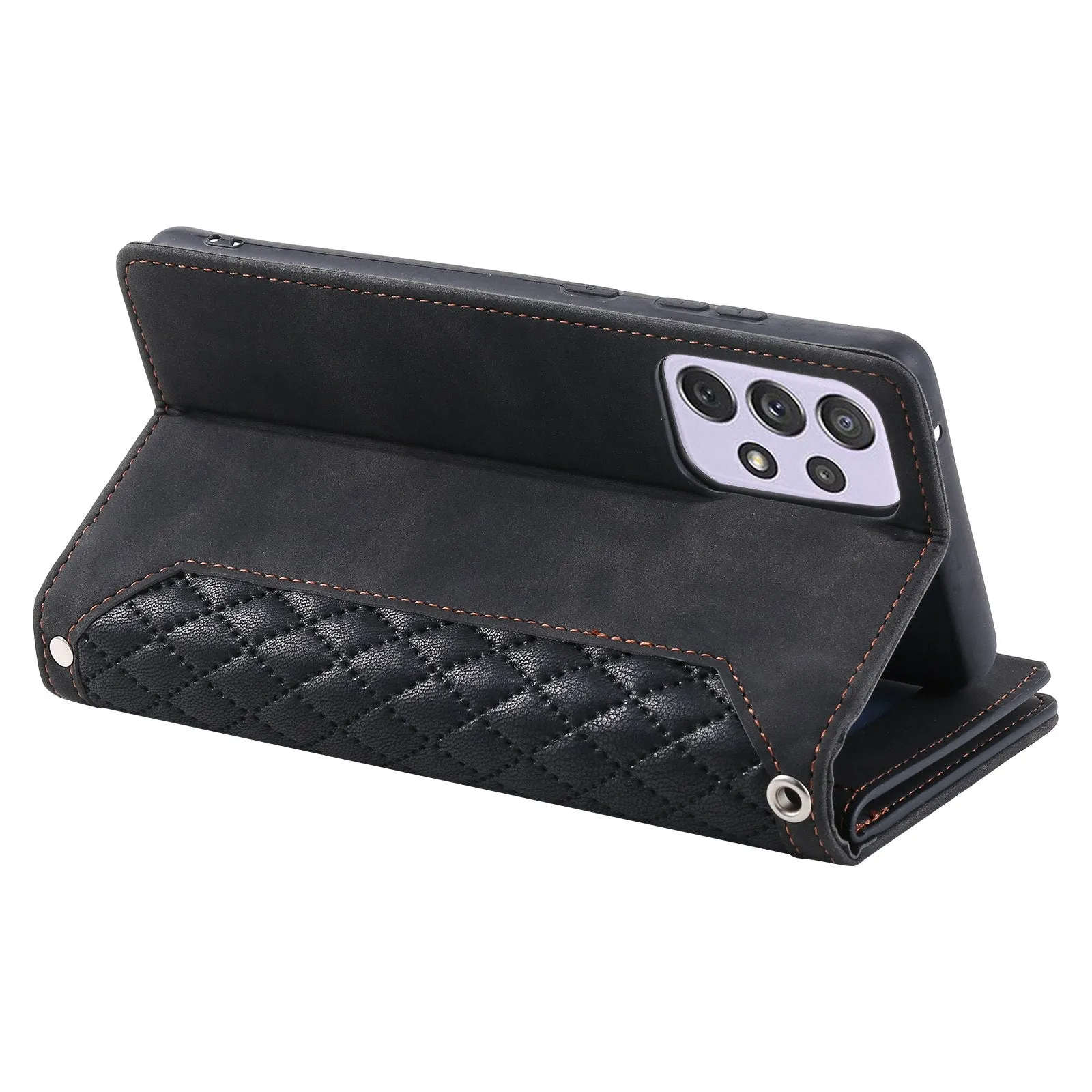 005 Style For Samsung Galaxy A52 4G / 5G / A52s 5G, Rhombus Texture PU Leather Stand Phone Case Zipper Pocket Wallet Style Shell with Strap