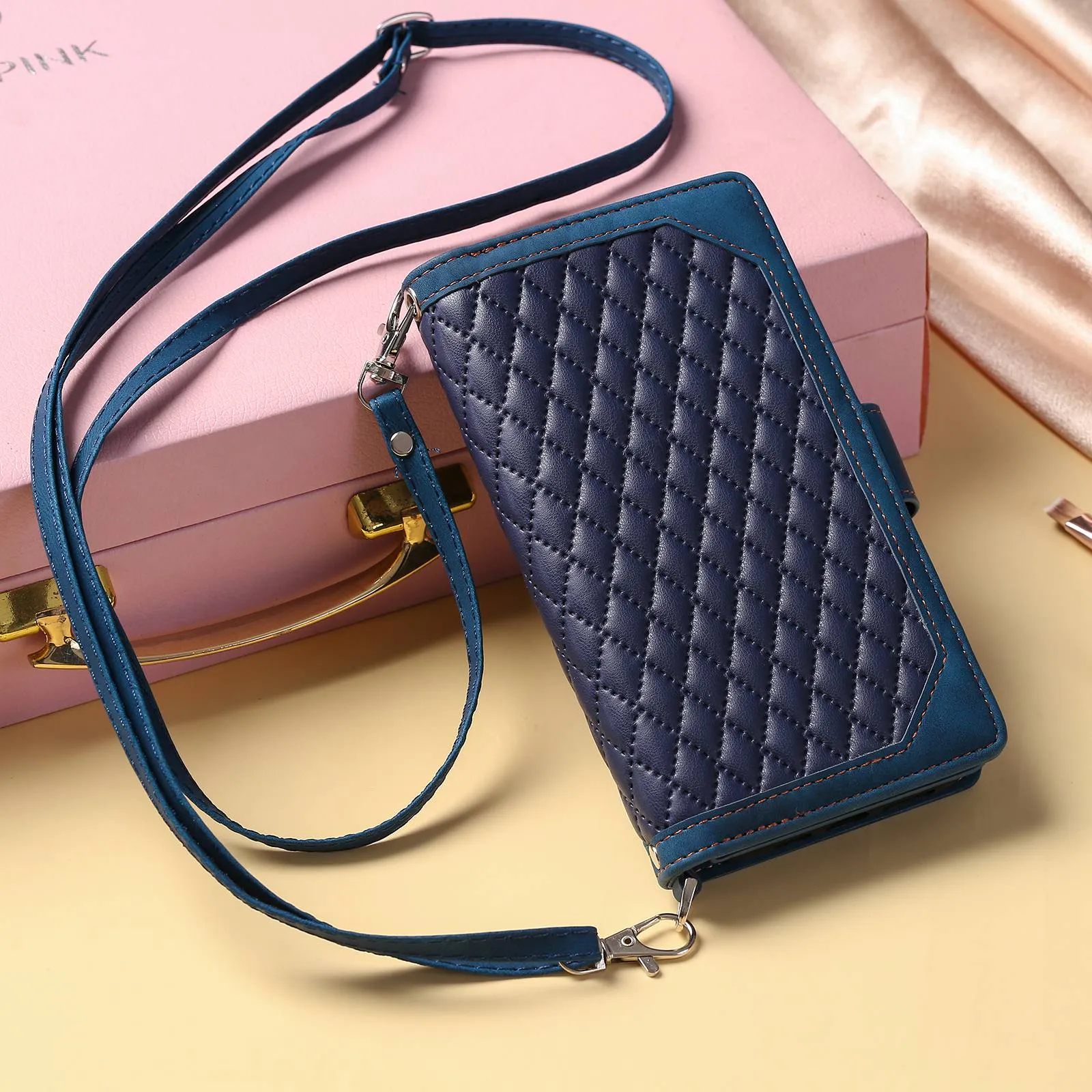 005 Style For Samsung Galaxy A52 4G / 5G / A52s 5G, Rhombus Texture PU Leather Stand Phone Case Zipper Pocket Wallet Style Shell with Strap