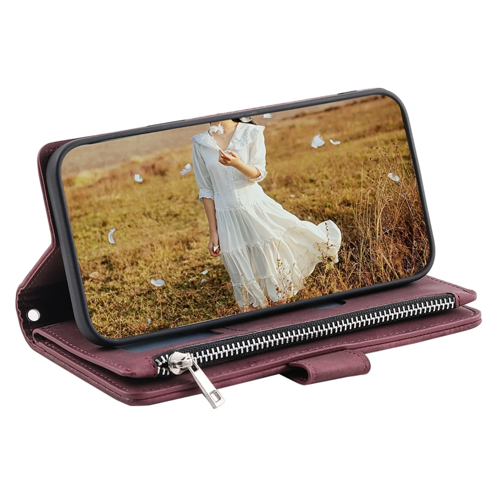 005 Style for Samsung Galaxy A73 5G Rhombus Texture Smartphone Cover PU Leather Zipper Pocket Stand Wallet Drop-proof Case with Strap