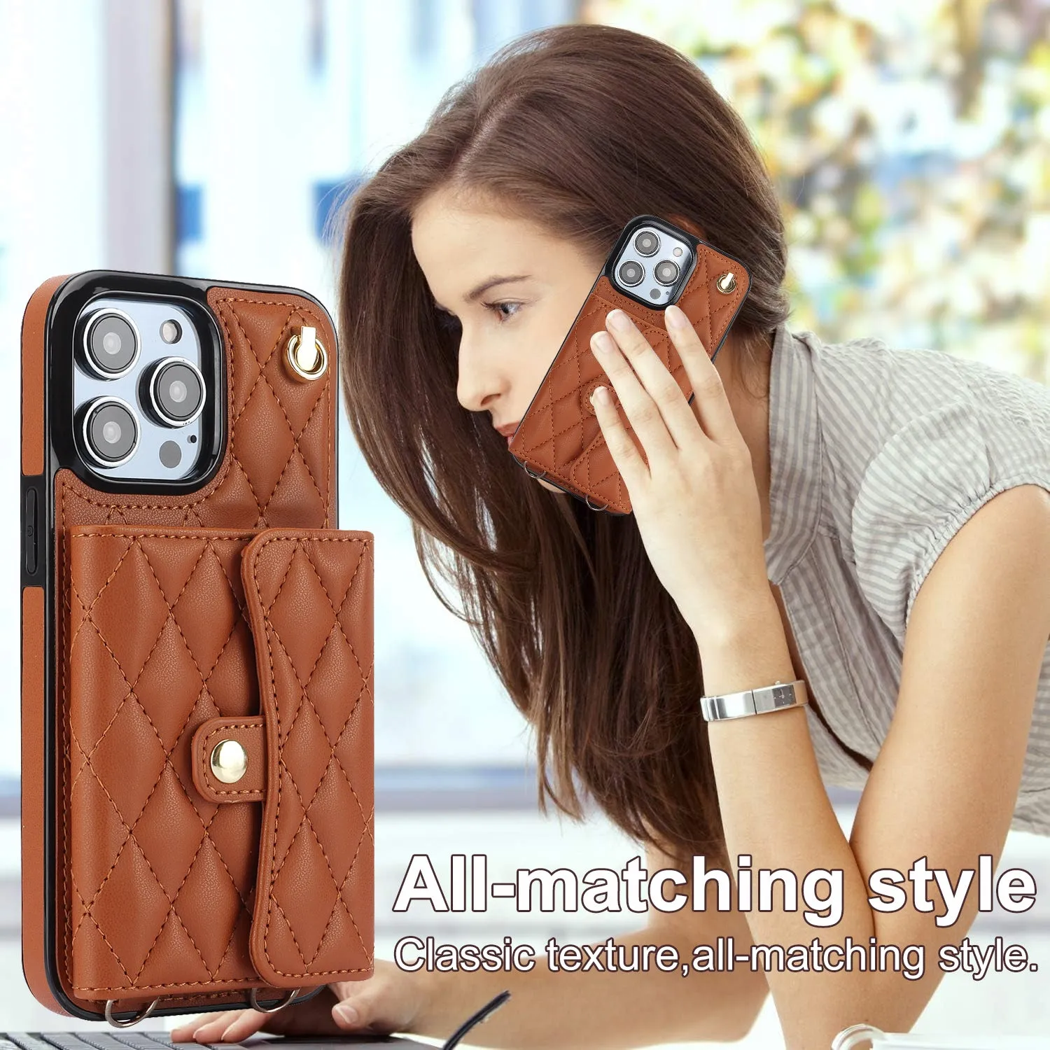 026 For iPhone 15 Pro RFID Blocking Card Holder Phone Case PU Leather TPU Kickstand Cover with 2 Straps