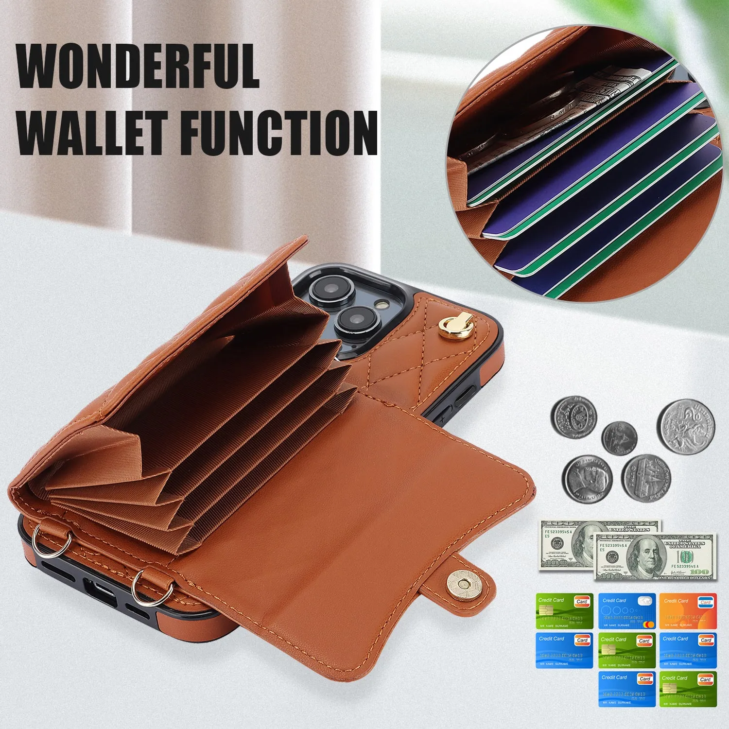 026 For iPhone 15 Pro RFID Blocking Card Holder Phone Case PU Leather TPU Kickstand Cover with 2 Straps
