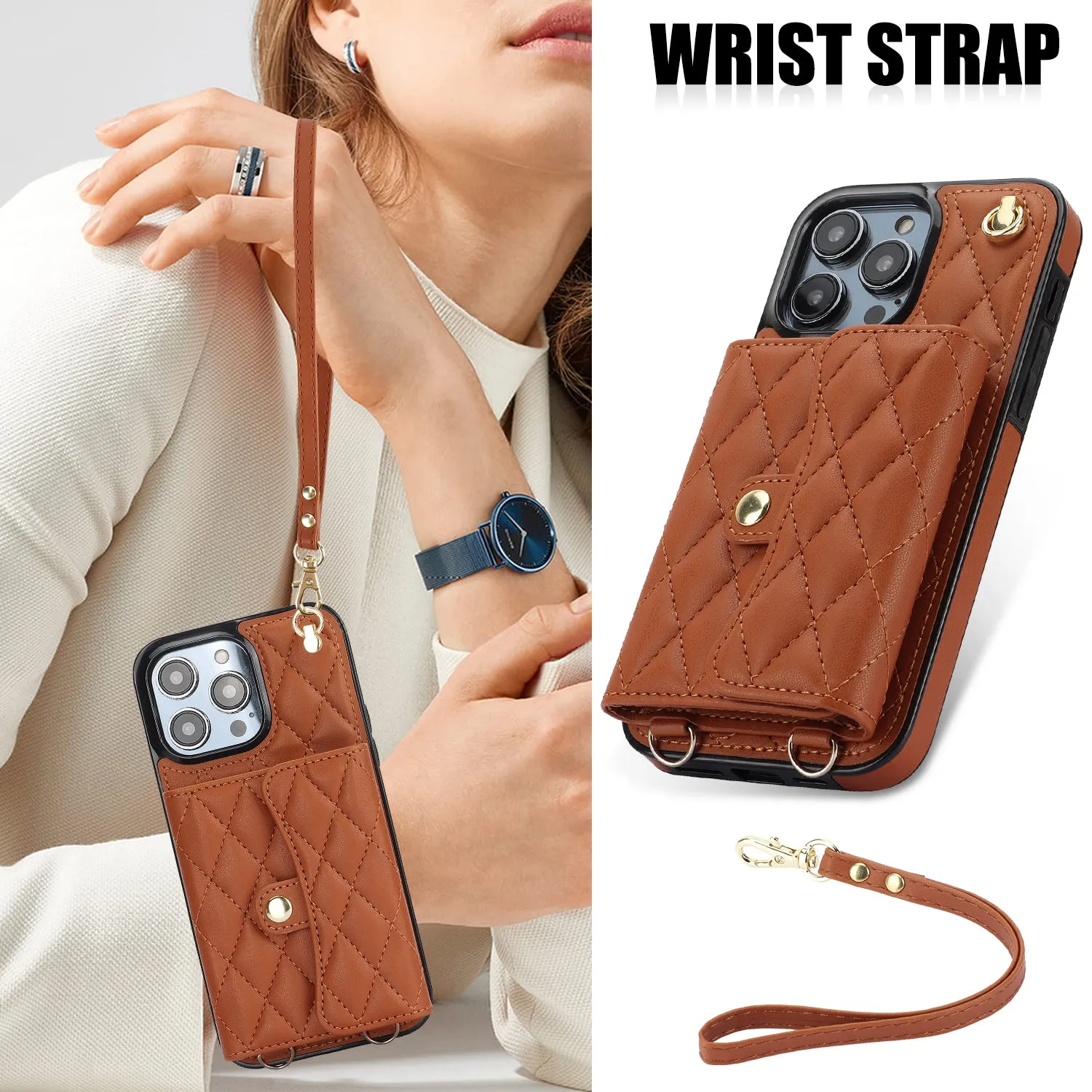026 For iPhone 15 Pro RFID Blocking Card Holder Phone Case PU Leather TPU Kickstand Cover with 2 Straps