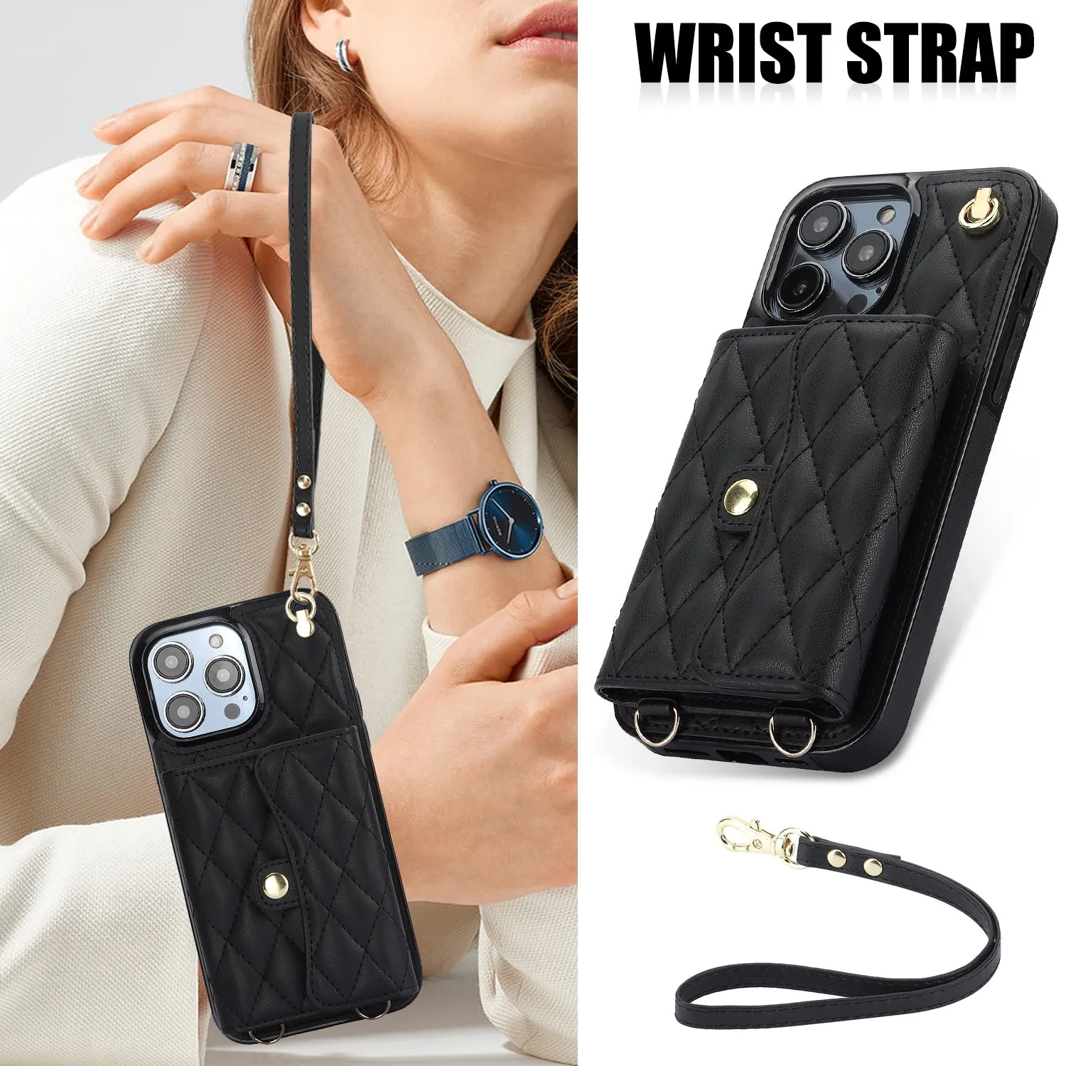 026 For iPhone 15 Pro RFID Blocking Card Holder Phone Case PU Leather TPU Kickstand Cover with 2 Straps