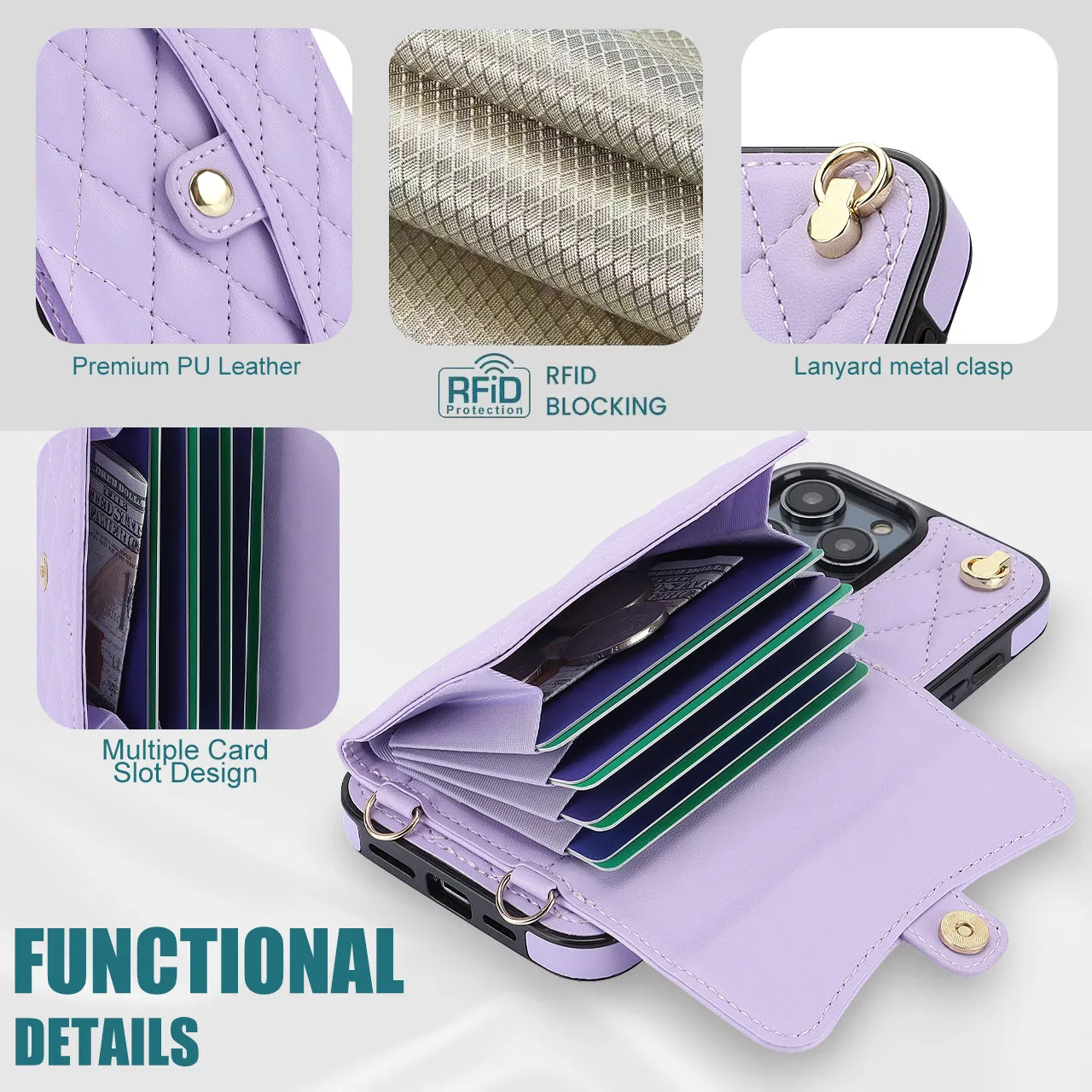 026 For iPhone 15 Pro RFID Blocking Card Holder Phone Case PU Leather TPU Kickstand Cover with 2 Straps
