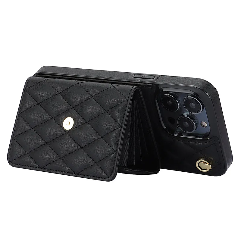 026 For iPhone 15 Pro RFID Blocking Card Holder Phone Case PU Leather TPU Kickstand Cover with 2 Straps