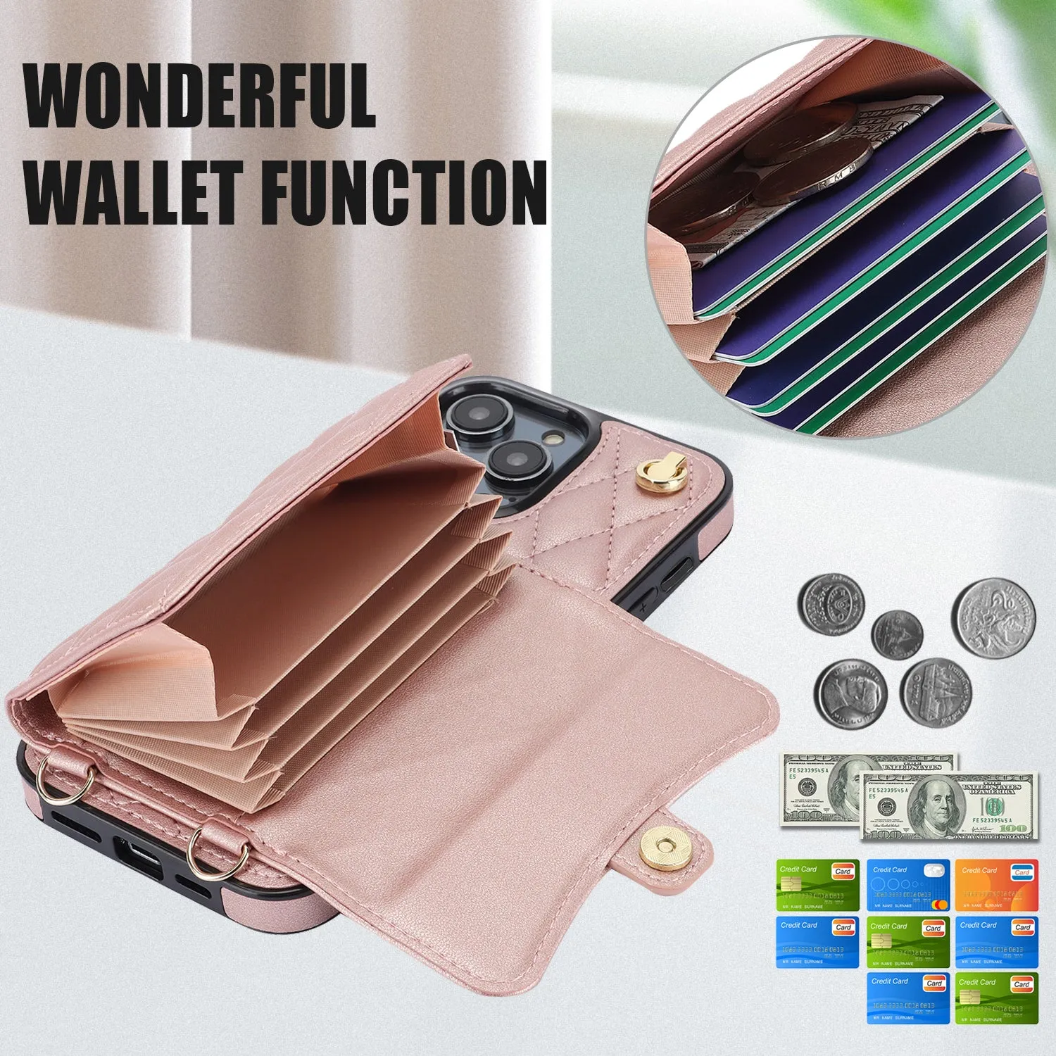 026 For iPhone 15 Pro RFID Blocking Card Holder Phone Case PU Leather TPU Kickstand Cover with 2 Straps