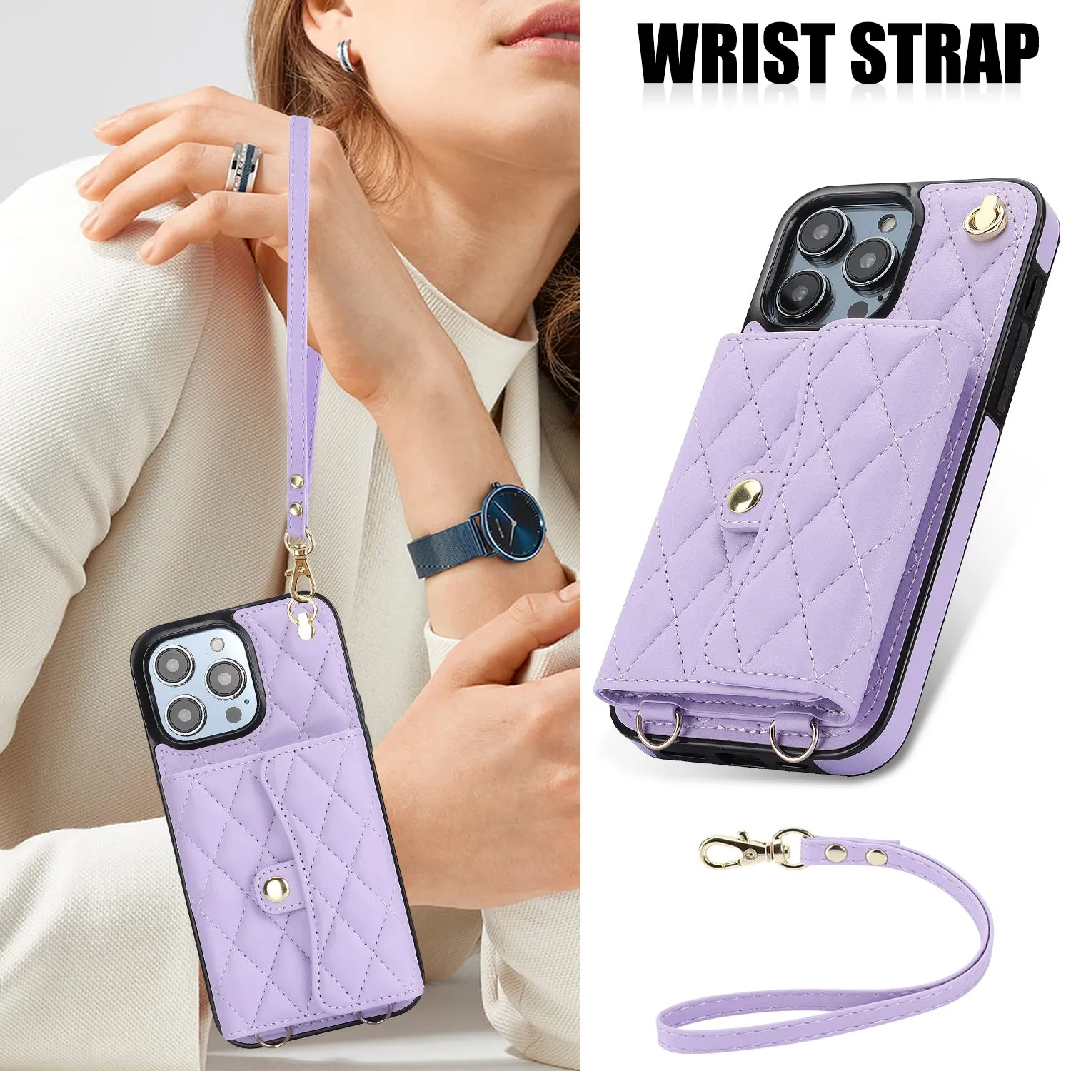 026 For iPhone 15 Pro RFID Blocking Card Holder Phone Case PU Leather TPU Kickstand Cover with 2 Straps