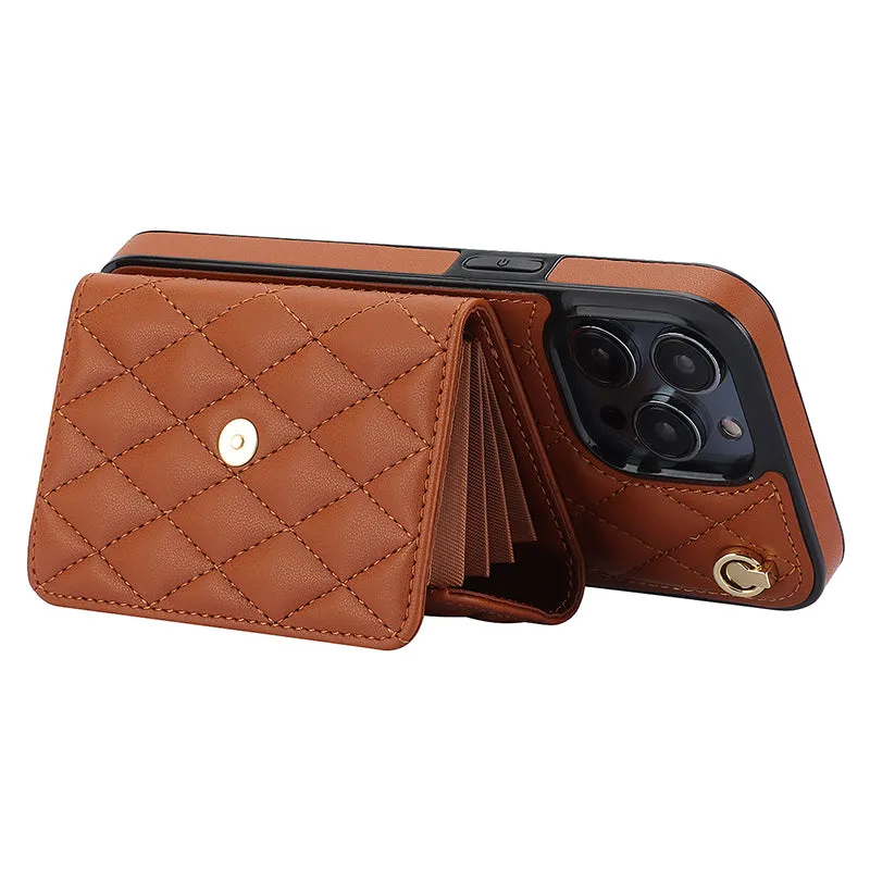 026 For iPhone 15 Pro RFID Blocking Card Holder Phone Case PU Leather TPU Kickstand Cover with 2 Straps