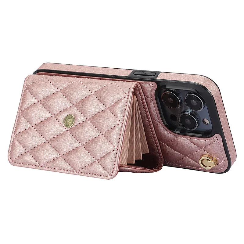 026 For iPhone 15 Pro RFID Blocking Card Holder Phone Case PU Leather TPU Kickstand Cover with 2 Straps