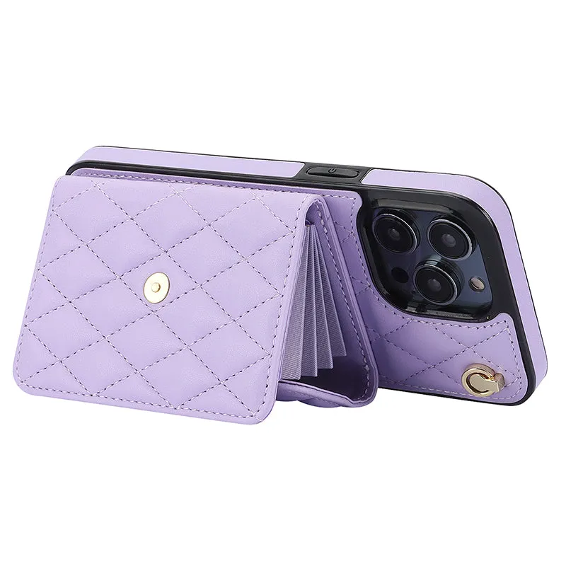 026 For iPhone 15 Pro RFID Blocking Card Holder Phone Case PU Leather TPU Kickstand Cover with 2 Straps