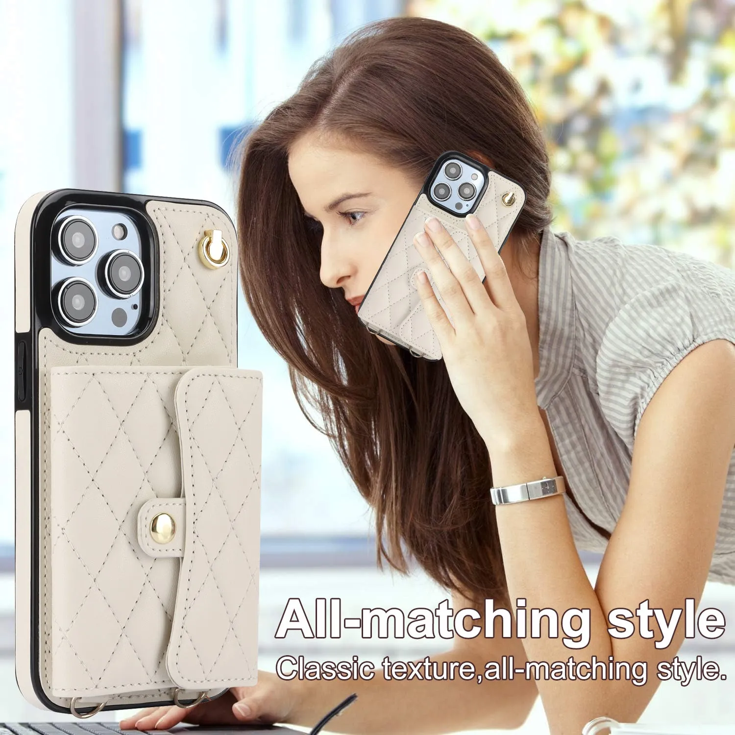 026 For iPhone 15 Pro RFID Blocking Card Holder Phone Case PU Leather TPU Kickstand Cover with 2 Straps