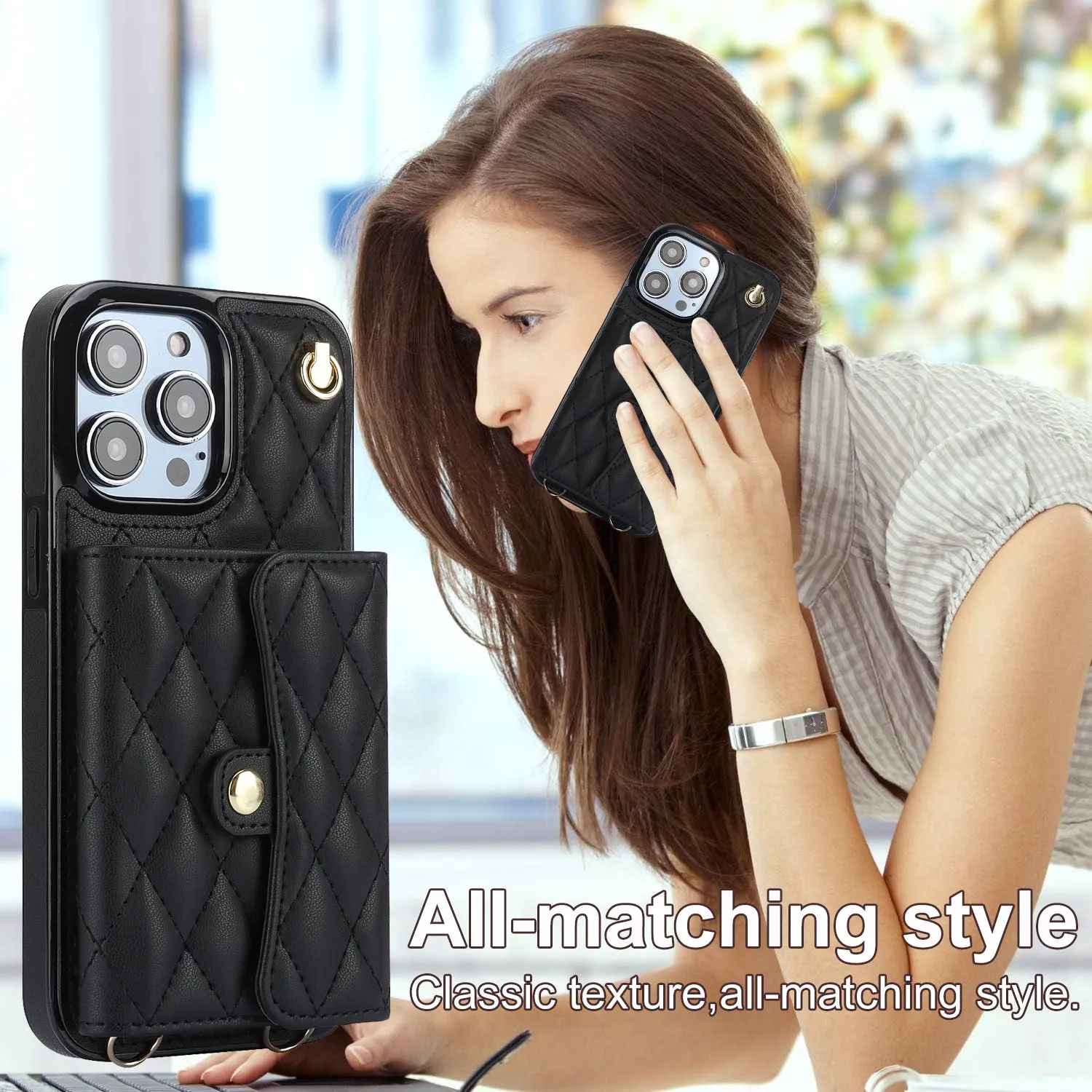 026 For iPhone 15 Pro RFID Blocking Card Holder Phone Case PU Leather TPU Kickstand Cover with 2 Straps