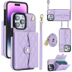 026 For iPhone 15 Pro RFID Blocking Card Holder Phone Case PU Leather TPU Kickstand Cover with 2 Straps