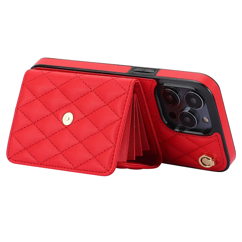 026 For iPhone 15 Pro RFID Blocking Card Holder Phone Case PU Leather TPU Kickstand Cover with 2 Straps