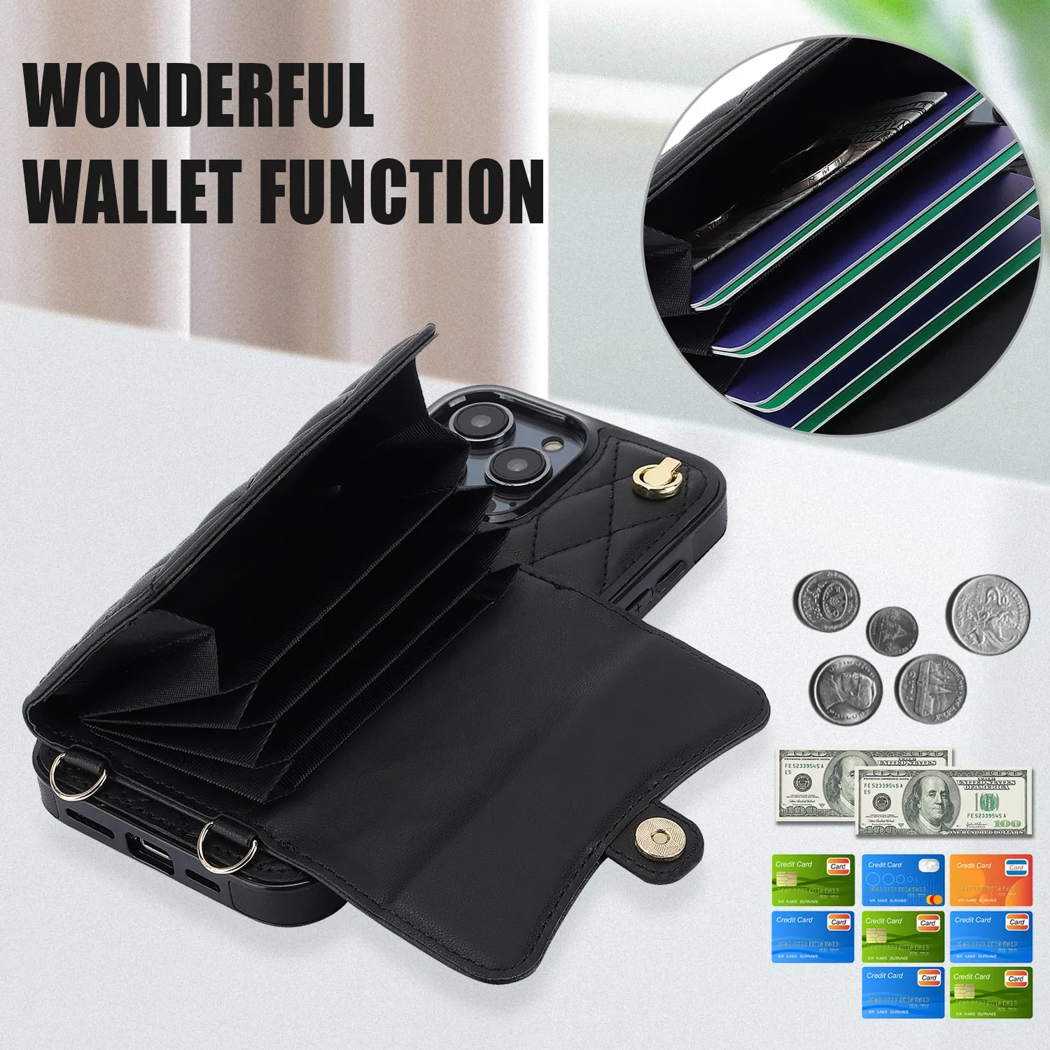 026 For iPhone 15 Pro RFID Blocking Card Holder Phone Case PU Leather TPU Kickstand Cover with 2 Straps