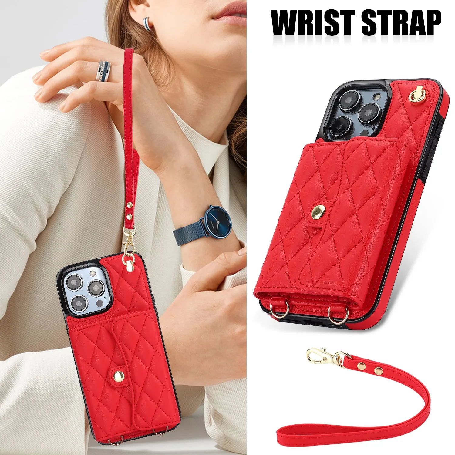026 For iPhone 15 Pro RFID Blocking Card Holder Phone Case PU Leather TPU Kickstand Cover with 2 Straps