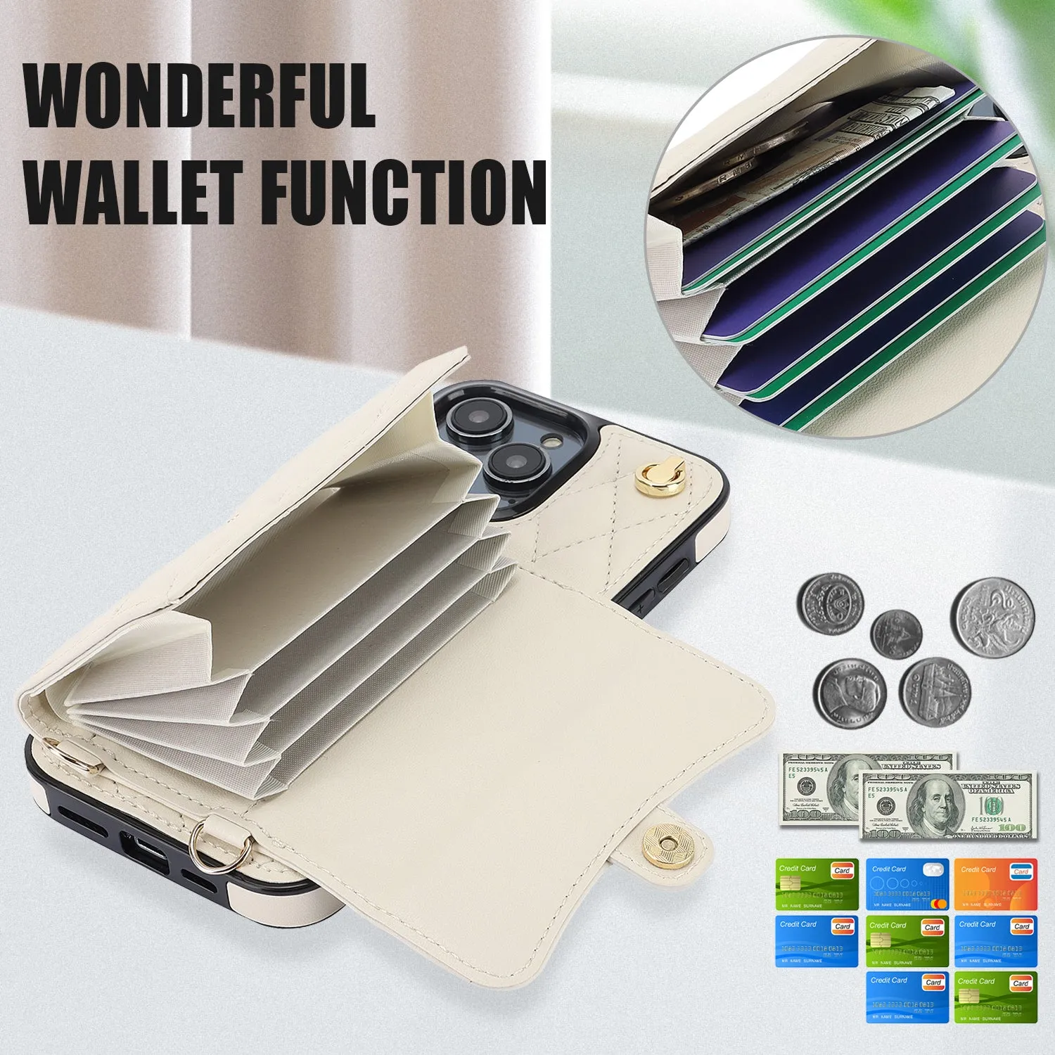 026 For iPhone 15 Pro RFID Blocking Card Holder Phone Case PU Leather TPU Kickstand Cover with 2 Straps