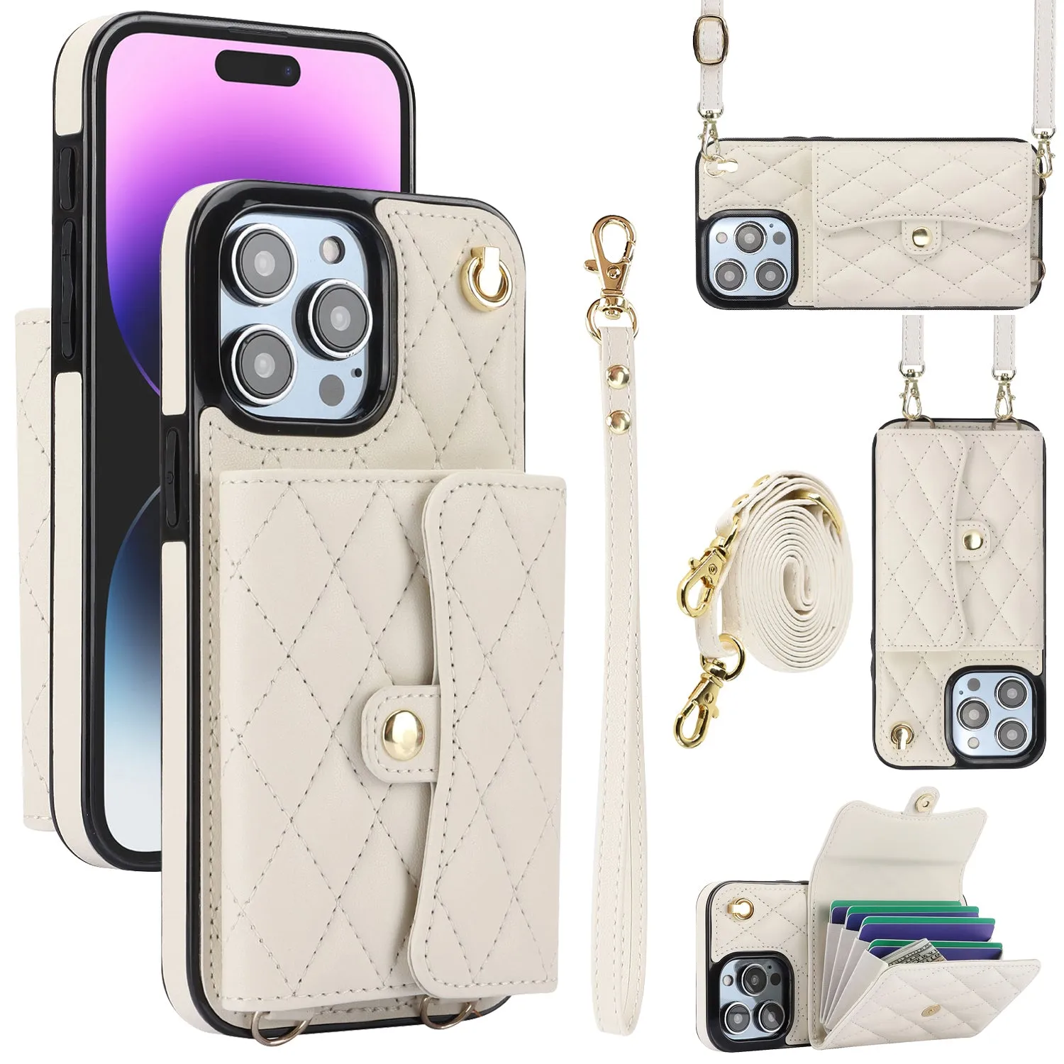 026 For iPhone 15 Pro RFID Blocking Card Holder Phone Case PU Leather TPU Kickstand Cover with 2 Straps