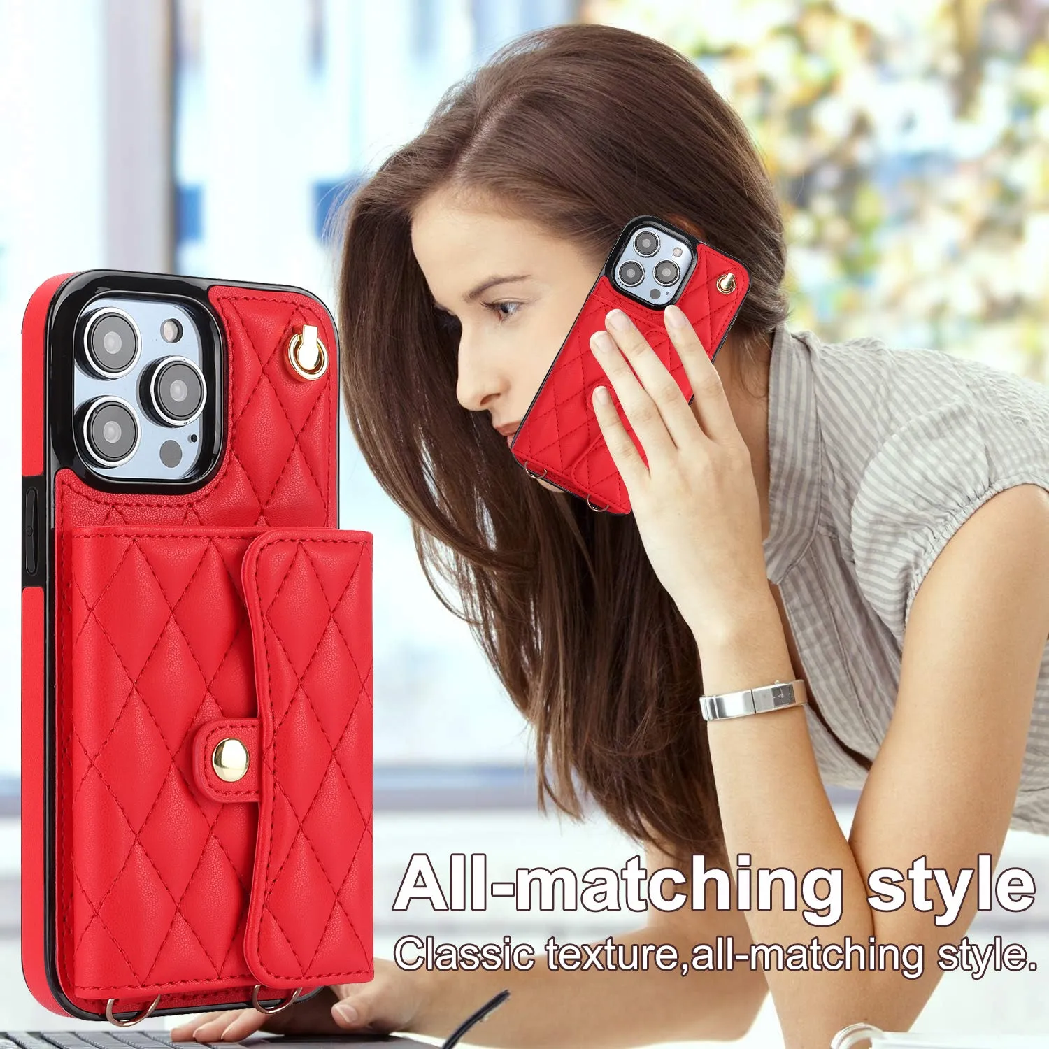 026 For iPhone 15 Pro RFID Blocking Card Holder Phone Case PU Leather TPU Kickstand Cover with 2 Straps