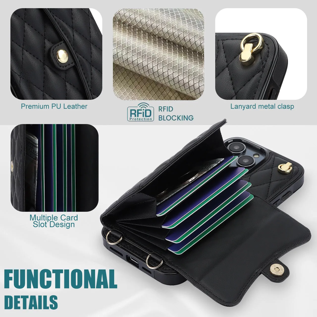 026 For iPhone 15 Pro RFID Blocking Card Holder Phone Case PU Leather TPU Kickstand Cover with 2 Straps