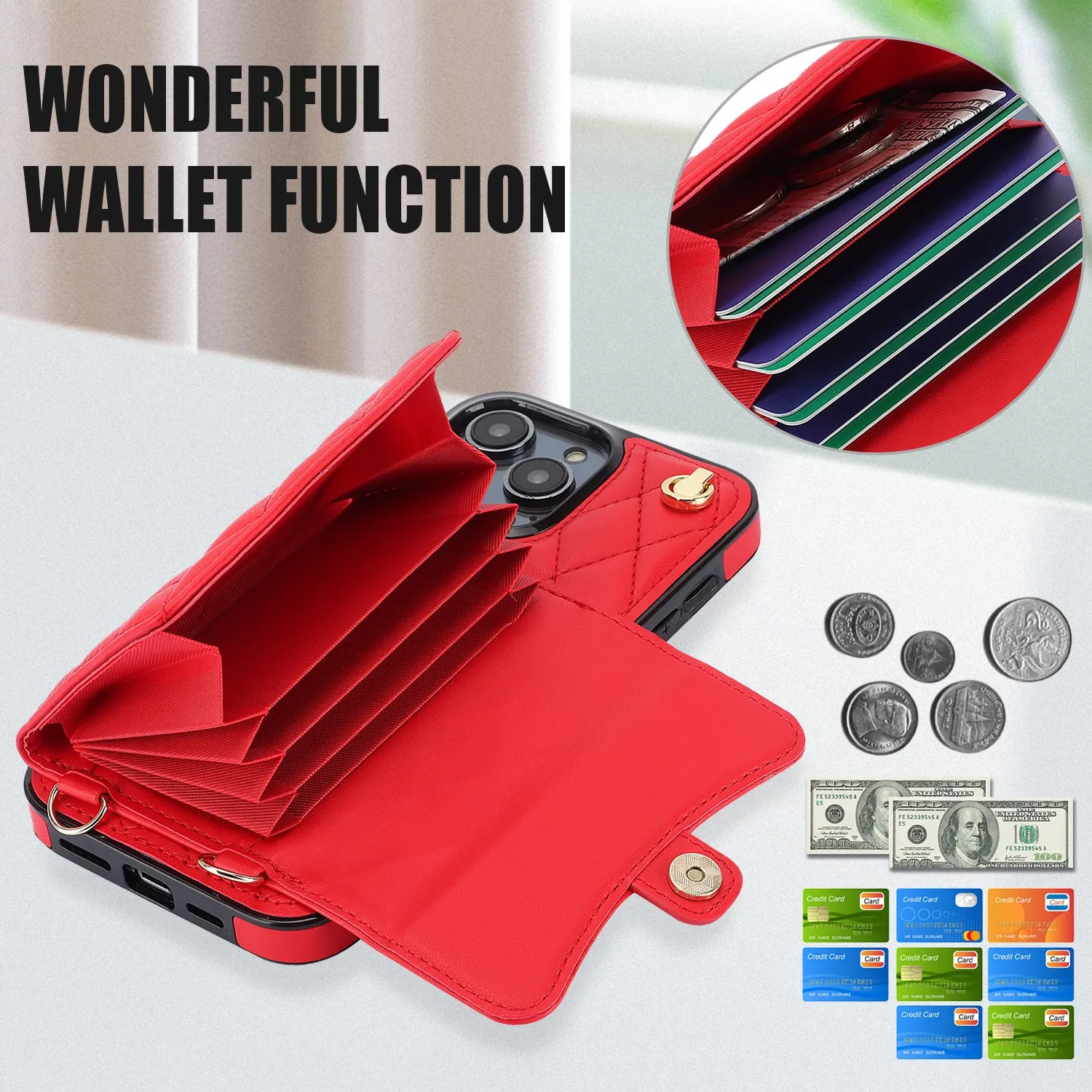 026 For iPhone 15 Pro RFID Blocking Card Holder Phone Case PU Leather TPU Kickstand Cover with 2 Straps