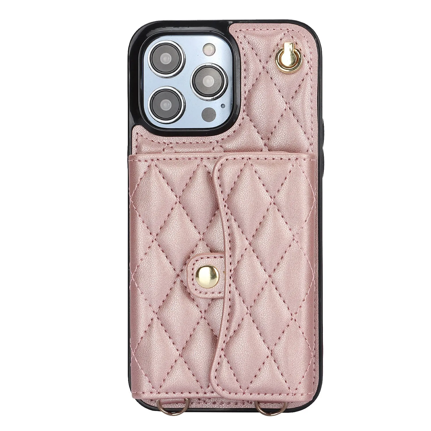 026 For iPhone 15 Pro RFID Blocking Card Holder Phone Case PU Leather TPU Kickstand Cover with 2 Straps