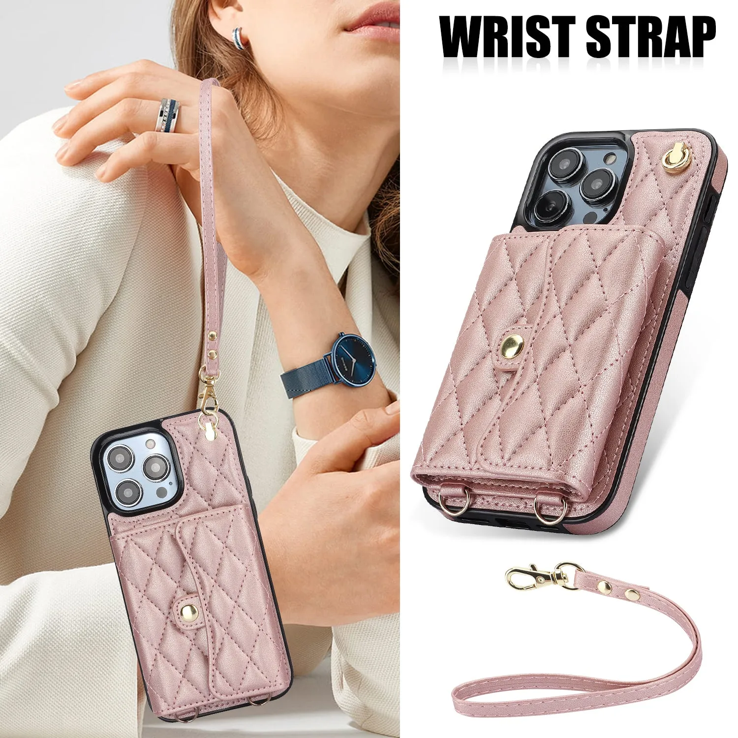 026 For iPhone 15 Pro RFID Blocking Card Holder Phone Case PU Leather TPU Kickstand Cover with 2 Straps