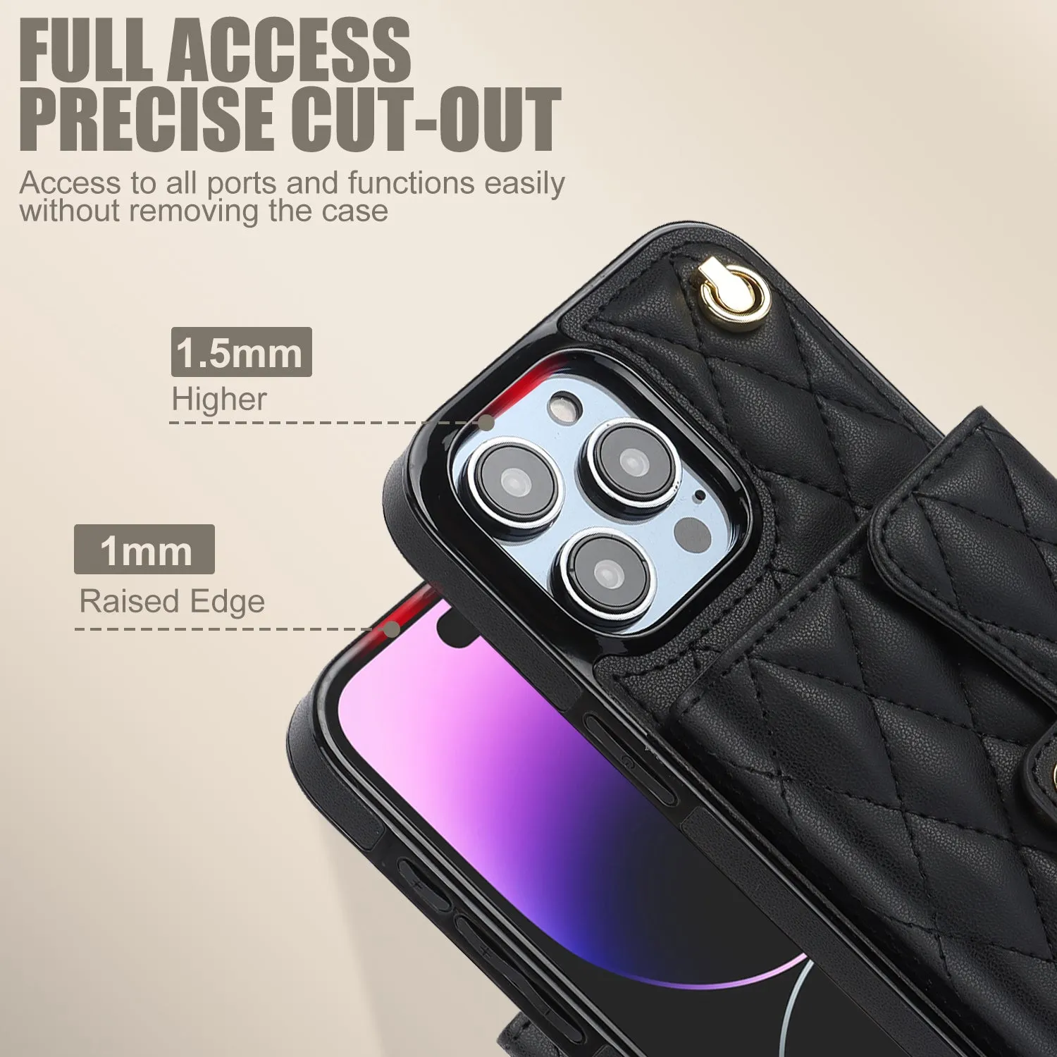 026 For iPhone 15 Pro RFID Blocking Card Holder Phone Case PU Leather TPU Kickstand Cover with 2 Straps