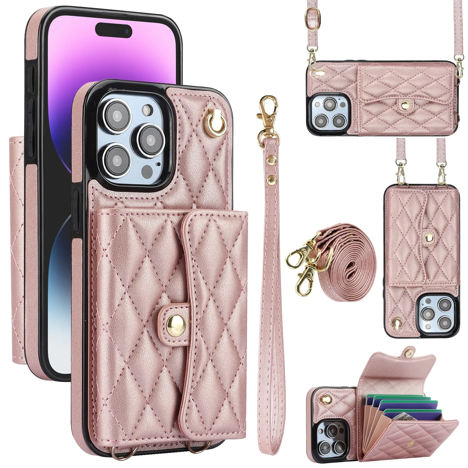 026 For iPhone 15 Pro RFID Blocking Card Holder Phone Case PU Leather TPU Kickstand Cover with 2 Straps