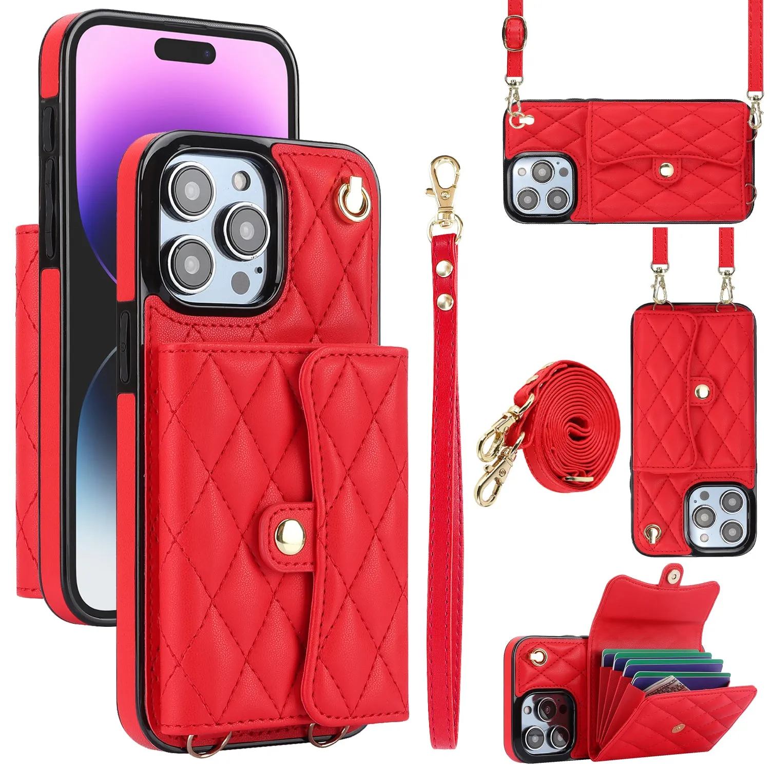 026 For iPhone 15 Pro RFID Blocking Card Holder Phone Case PU Leather TPU Kickstand Cover with 2 Straps