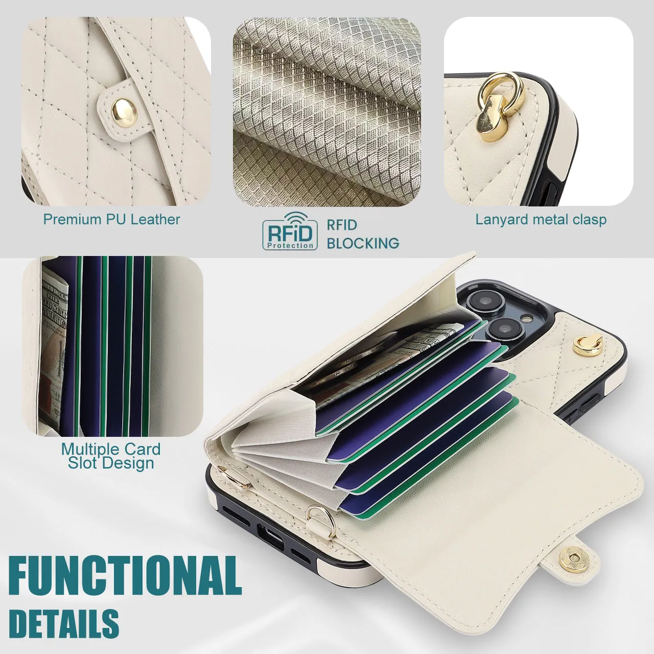 026 For iPhone 15 Pro RFID Blocking Card Holder Phone Case PU Leather TPU Kickstand Cover with 2 Straps