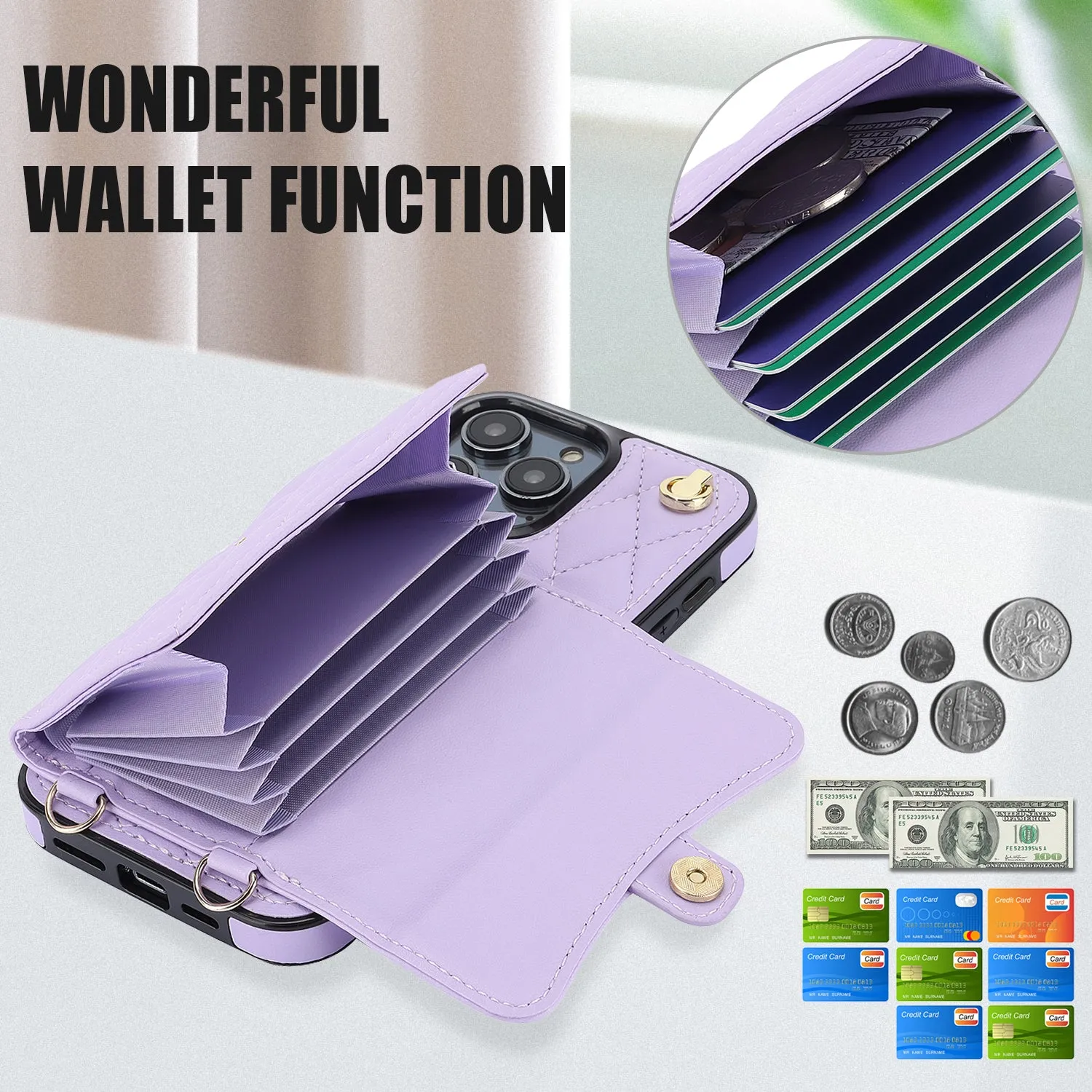 026 For iPhone 15 Pro RFID Blocking Card Holder Phone Case PU Leather TPU Kickstand Cover with 2 Straps