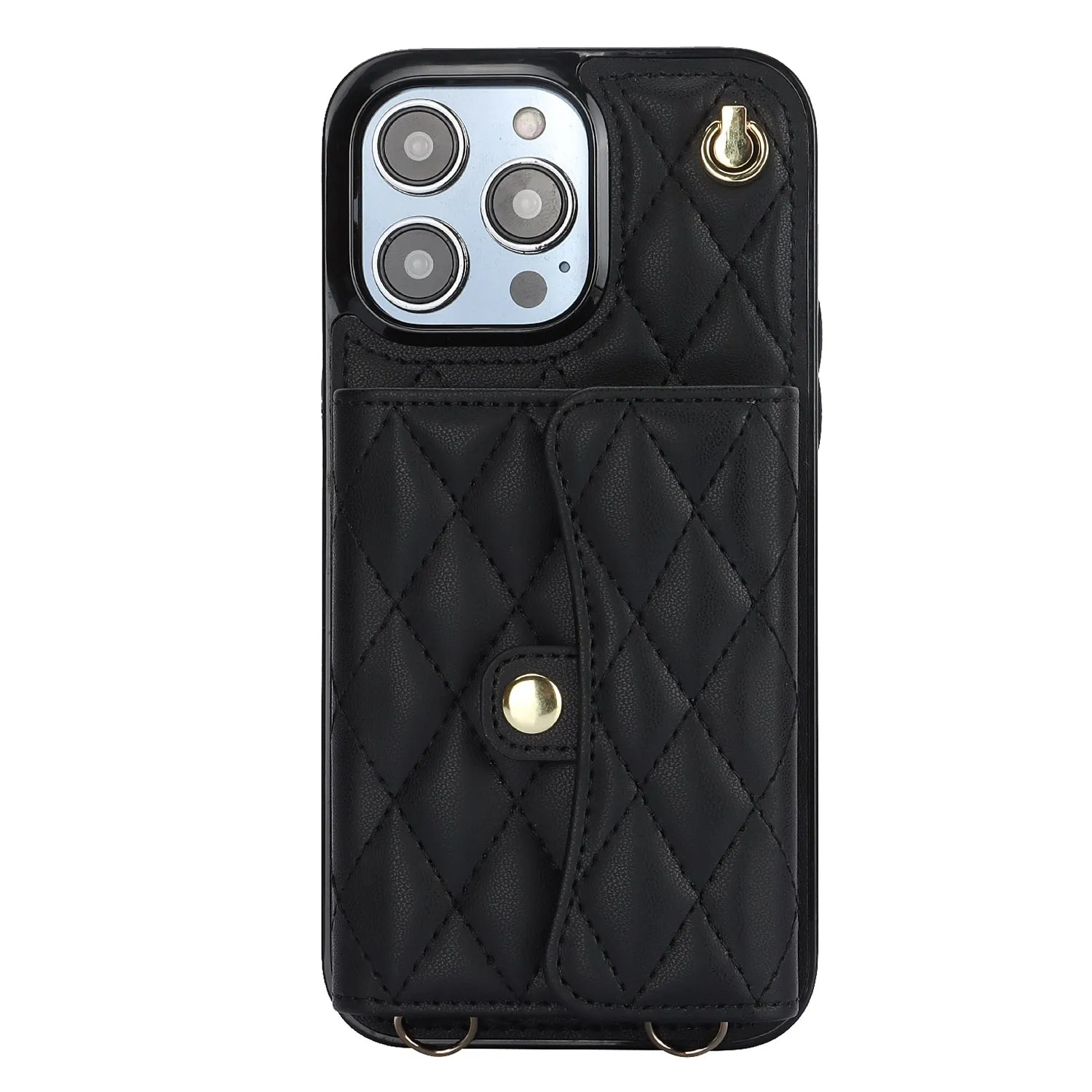 026 For iPhone 15 Pro RFID Blocking Card Holder Phone Case PU Leather TPU Kickstand Cover with 2 Straps