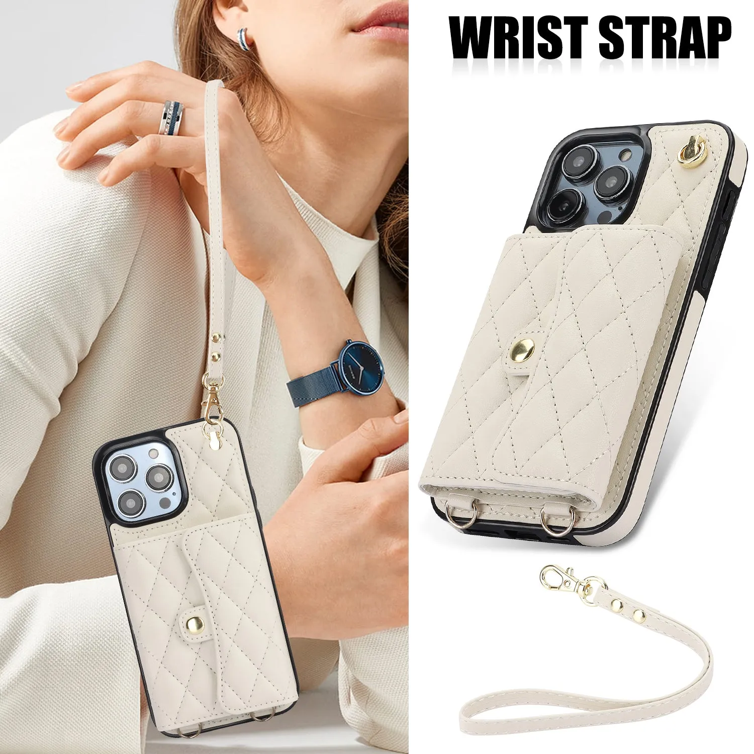 026 For iPhone 15 Pro RFID Blocking Card Holder Phone Case PU Leather TPU Kickstand Cover with 2 Straps