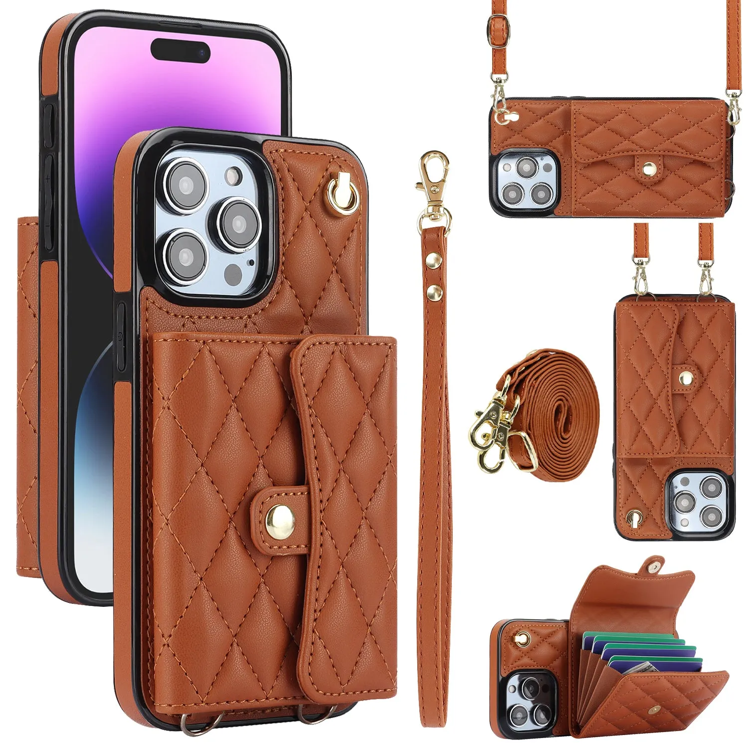 026 For iPhone 15 Pro RFID Blocking Card Holder Phone Case PU Leather TPU Kickstand Cover with 2 Straps