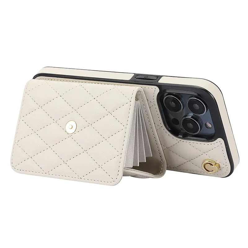 026 For iPhone 15 Pro RFID Blocking Card Holder Phone Case PU Leather TPU Kickstand Cover with 2 Straps