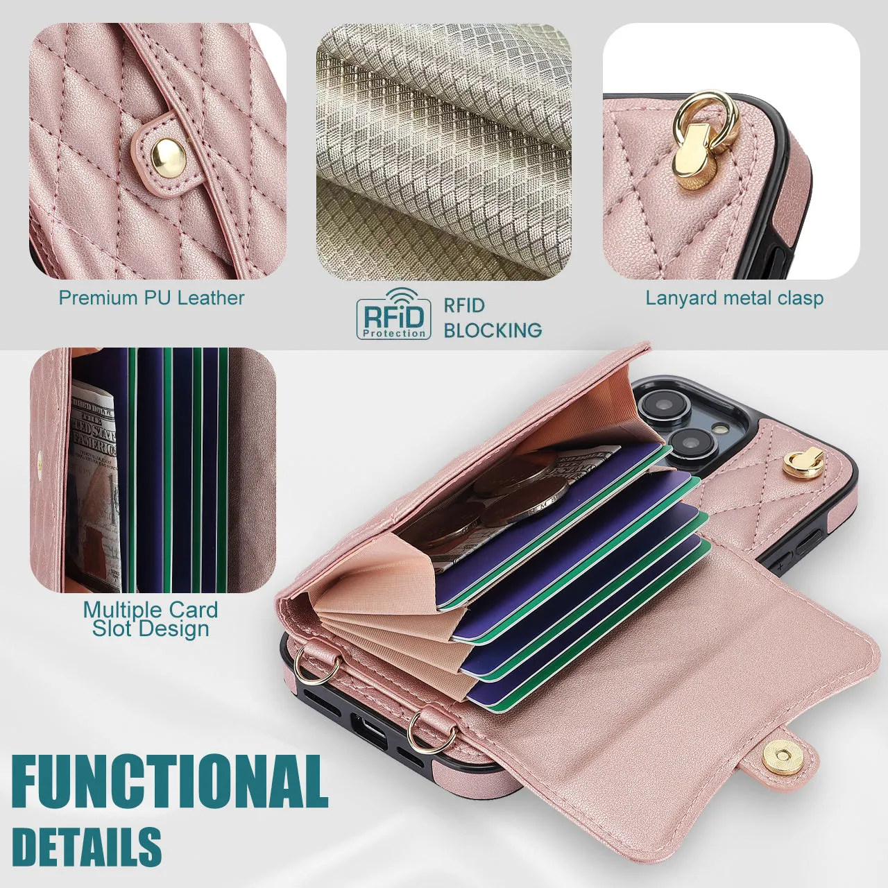 026 For iPhone 15 Pro RFID Blocking Card Holder Phone Case PU Leather TPU Kickstand Cover with 2 Straps