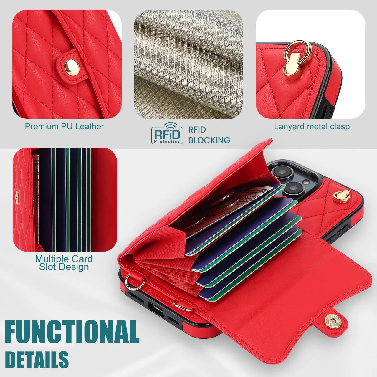 026 For iPhone 15 Pro RFID Blocking Card Holder Phone Case PU Leather TPU Kickstand Cover with 2 Straps
