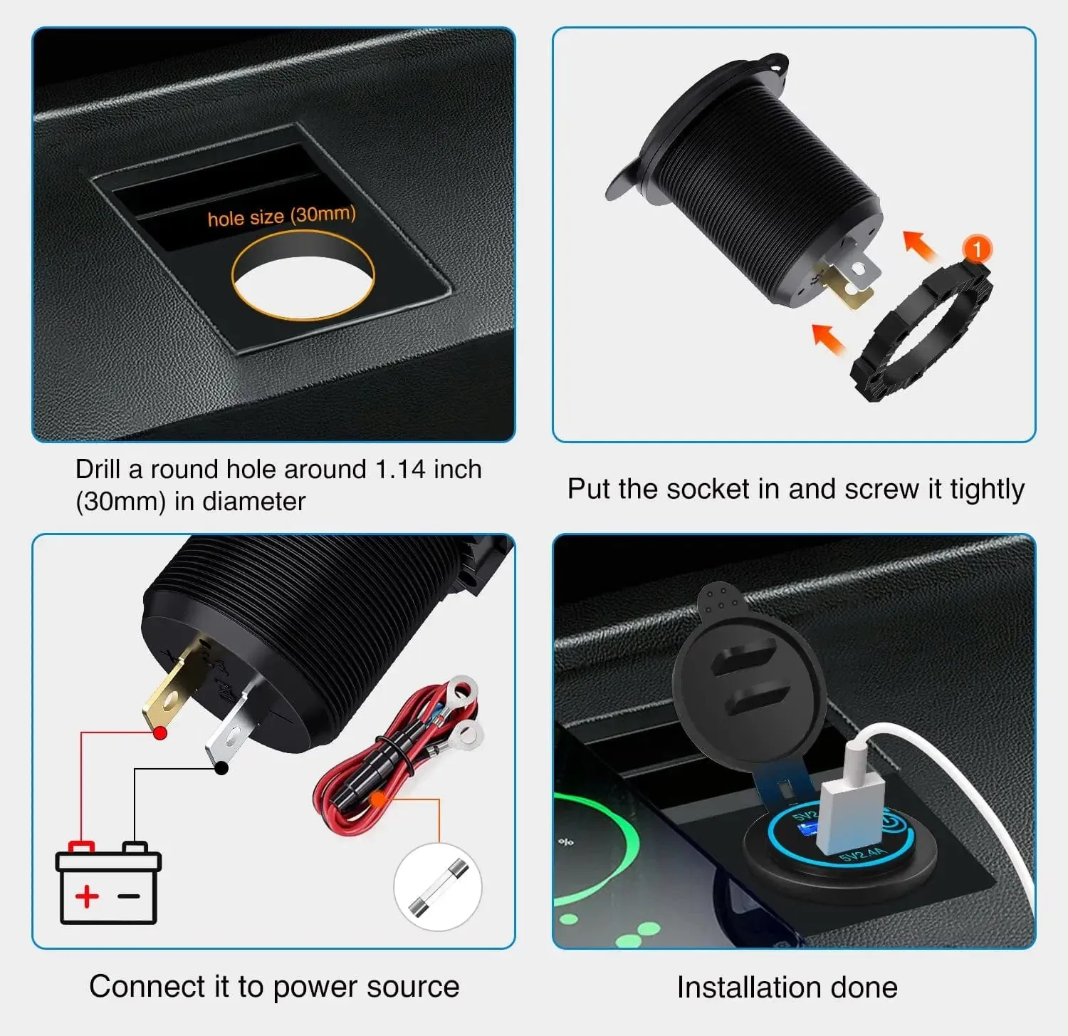 2Pcs 5V 4.8A Dual USB Output Car Charger with LED Voltmeter